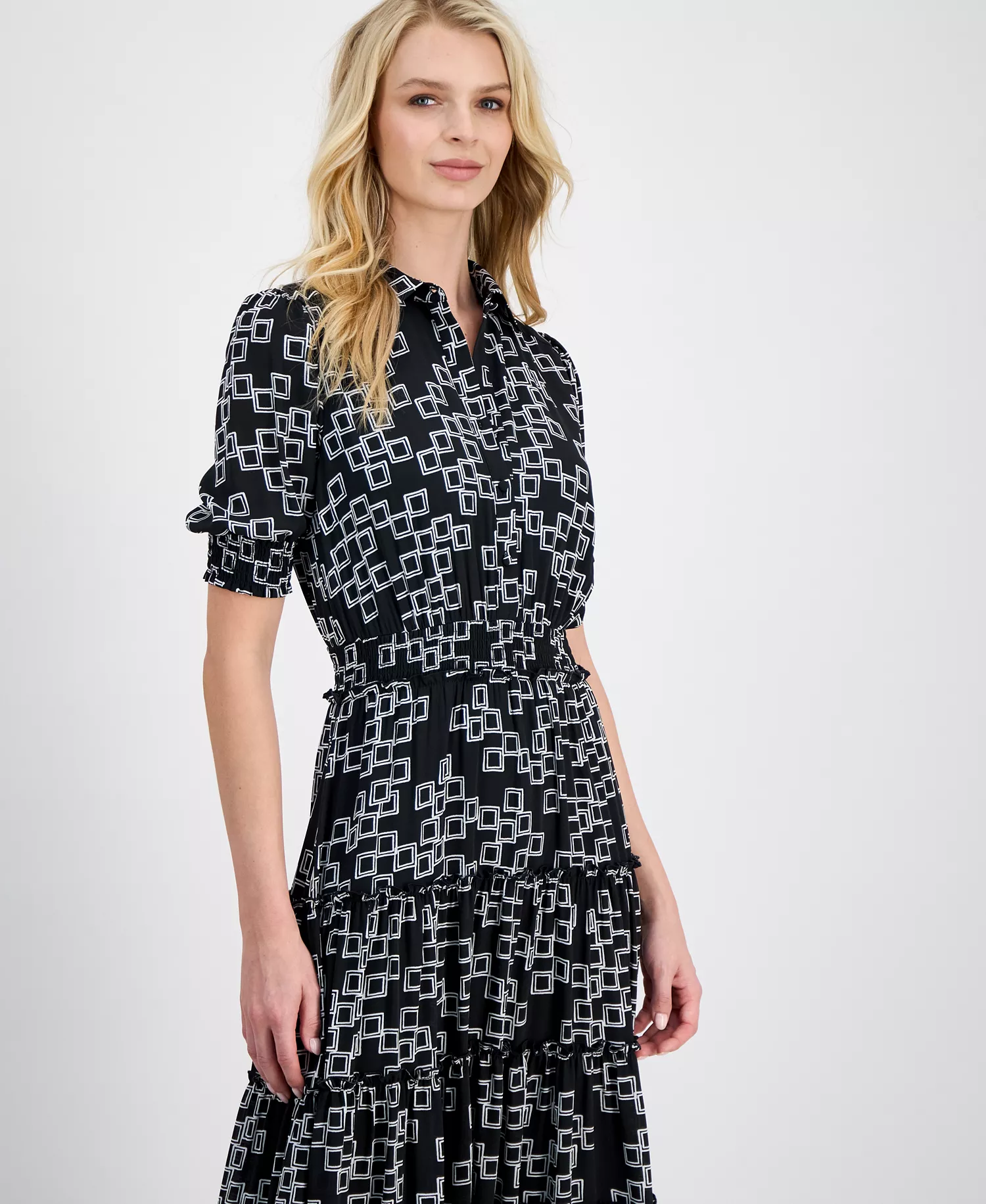 Women's Printed Collared Midi Dress - Black/white Frames Print - L