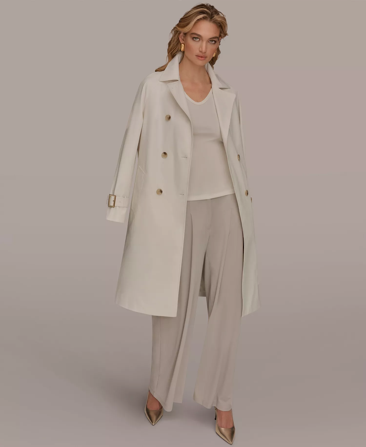 Women's Double Breasted Belted Notch Collar Trench Coat - Cream - L