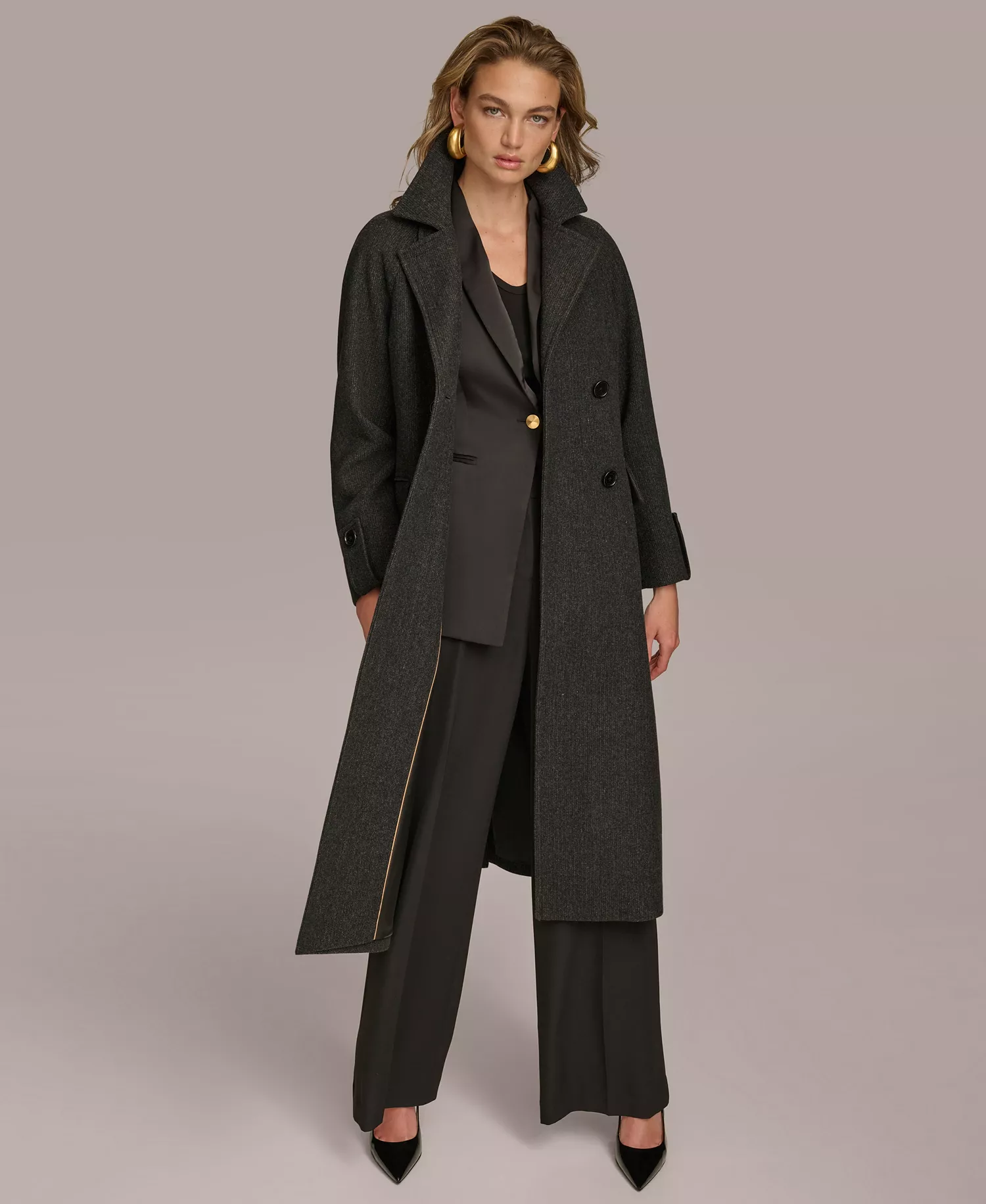 Women's Double-Breasted Belted Wrap Coat - Black - L