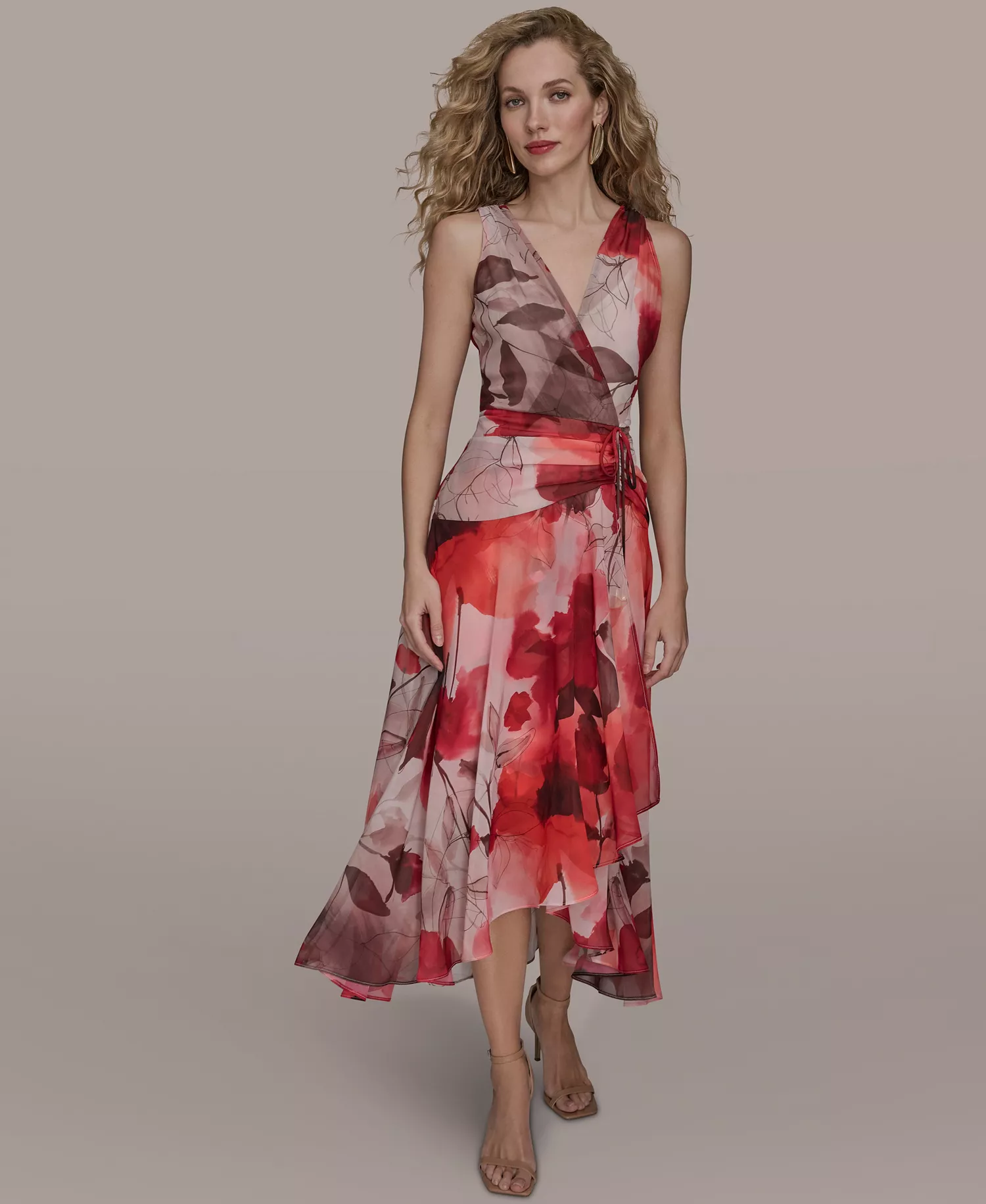 Women's Faux Wrap Floral A-Line Midi Dress - Pink - 10