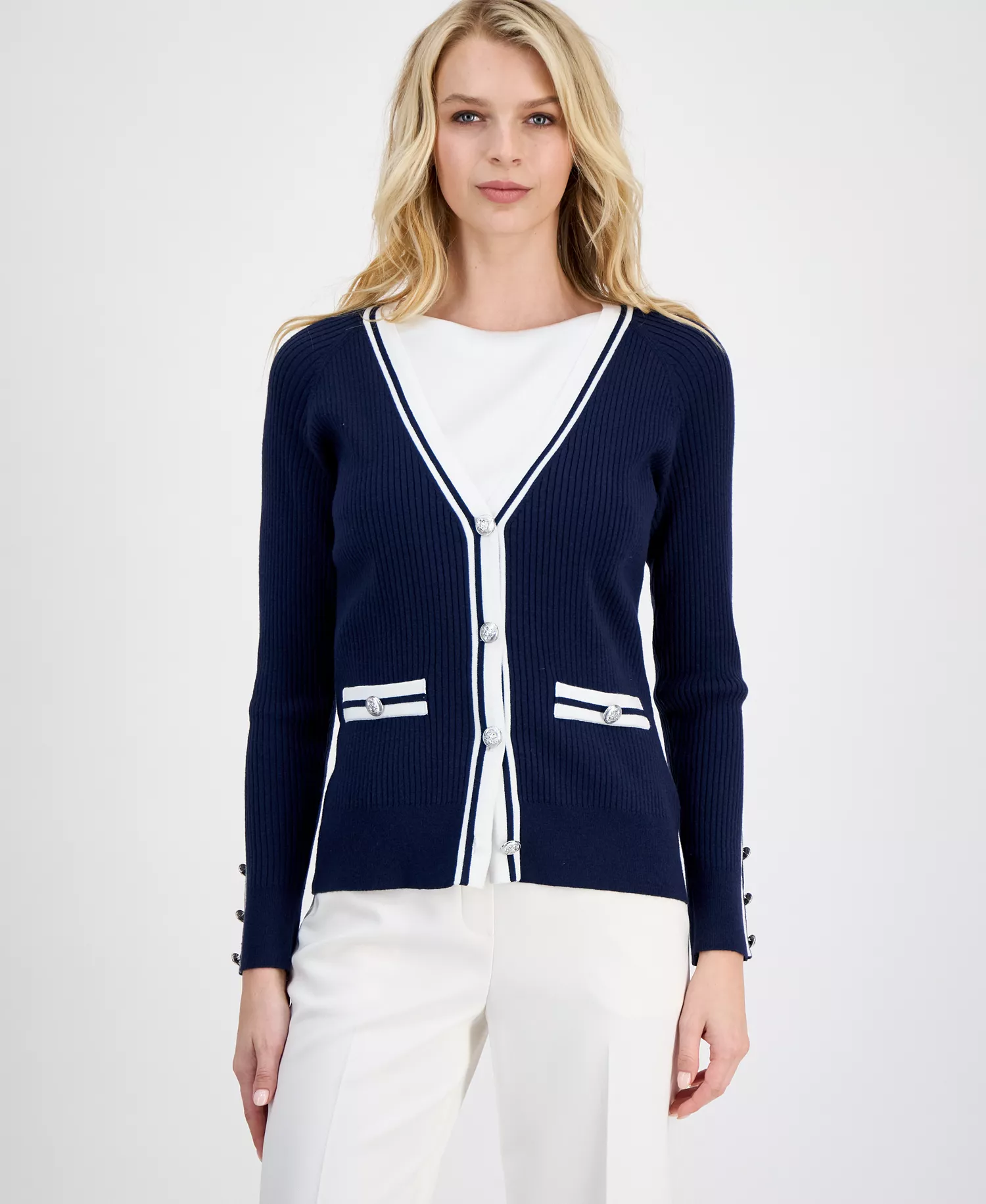 Women's Contrast-Trim Ribbed Knit Button-Front Cardigan - Navy With White - L