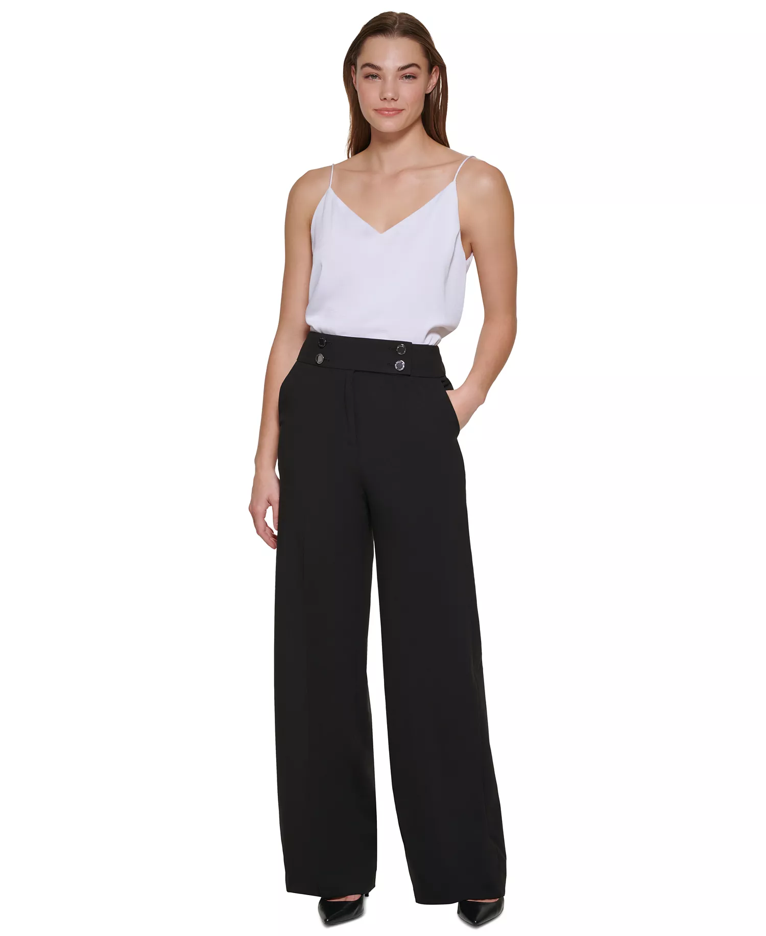 Women's Whitney Button Front Wide Leg Pants - Black - 0