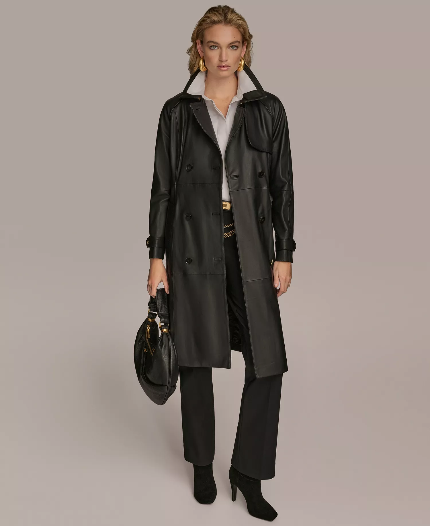 Women's Belted Leather Trench Coat - Black - L