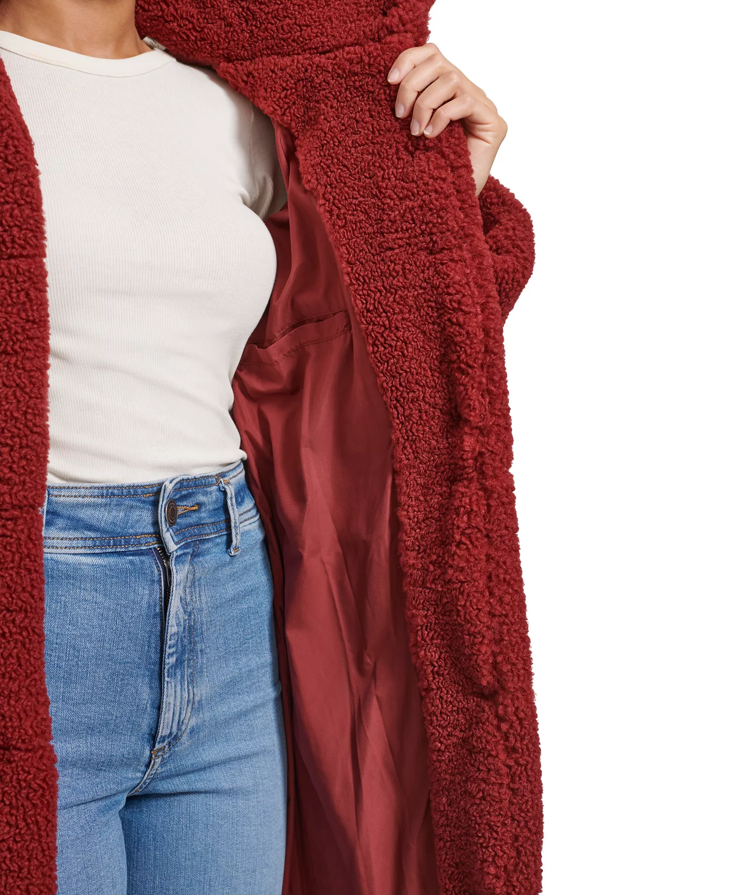 Women's Long Sherpa Snap-Closure Teddy Coat - Cabernet - L