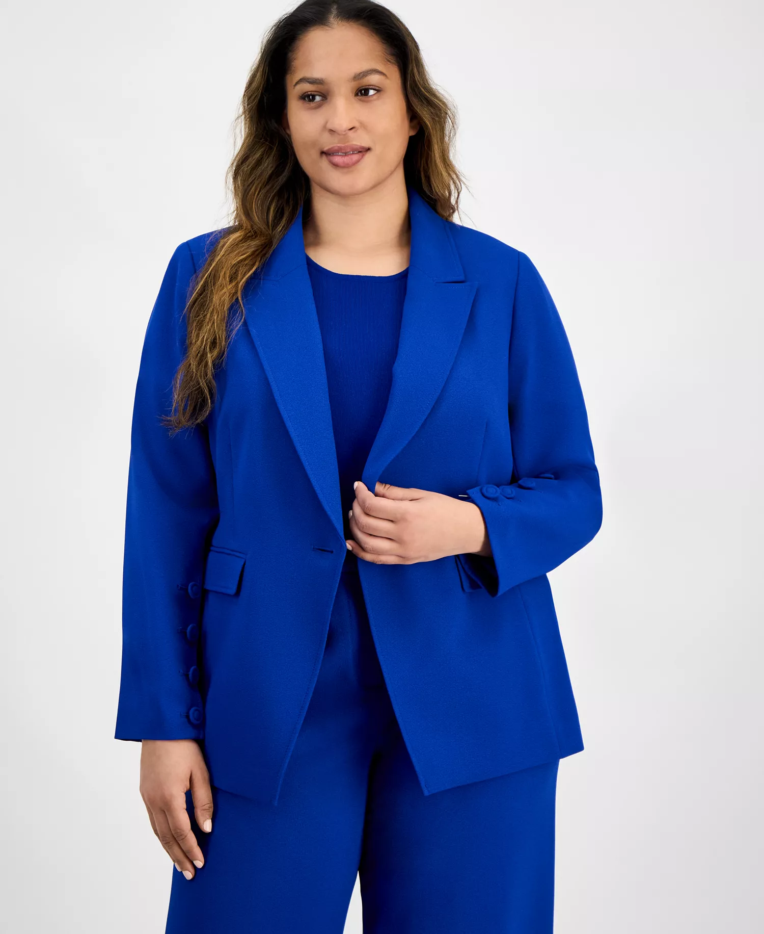 Plus Size Single-Button Crepe Blazer & Wide-Leg Pants Suit Separates - Colbalt - 14W
