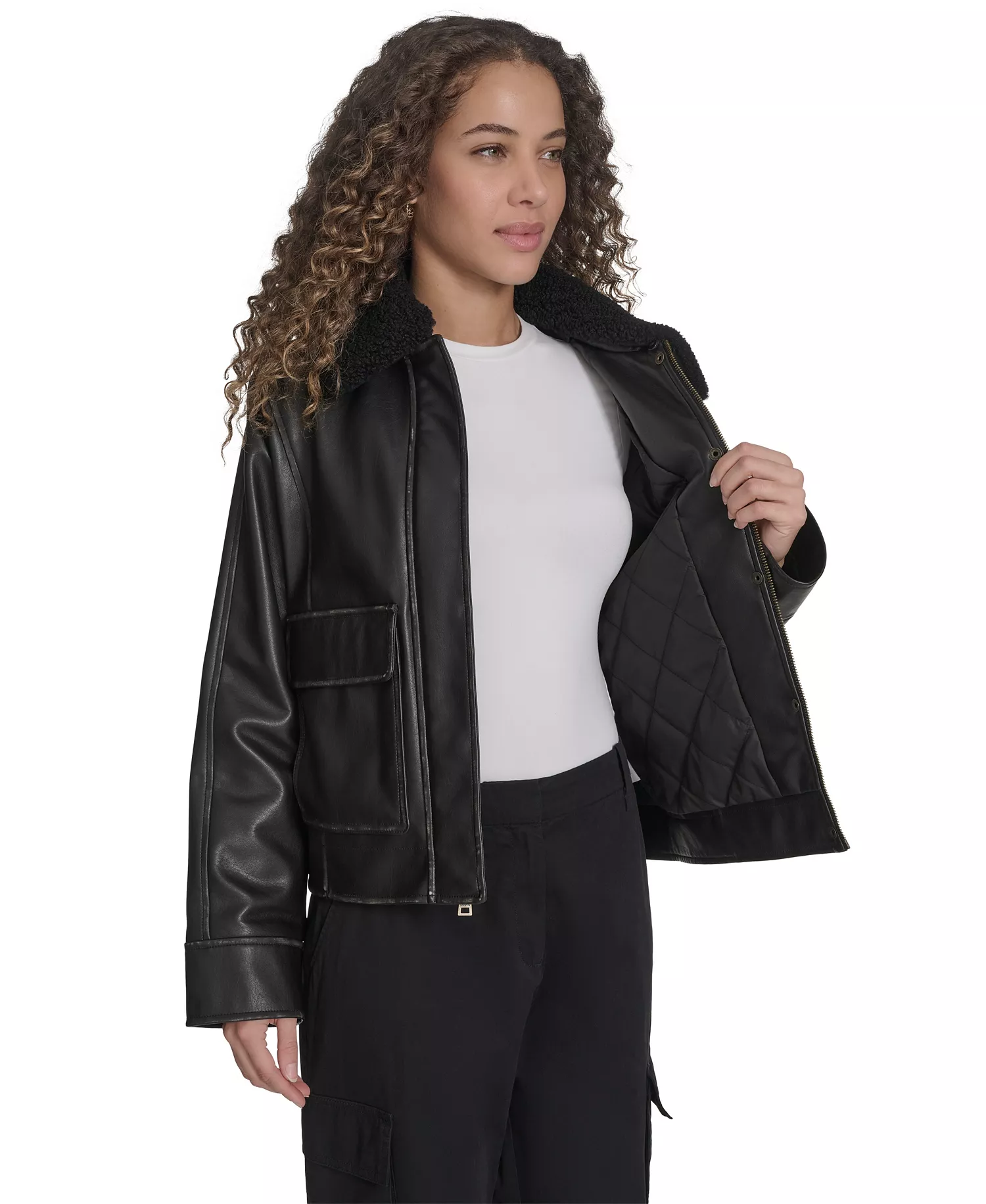 Women's Removable Collar Aviator Jacket - Black - L