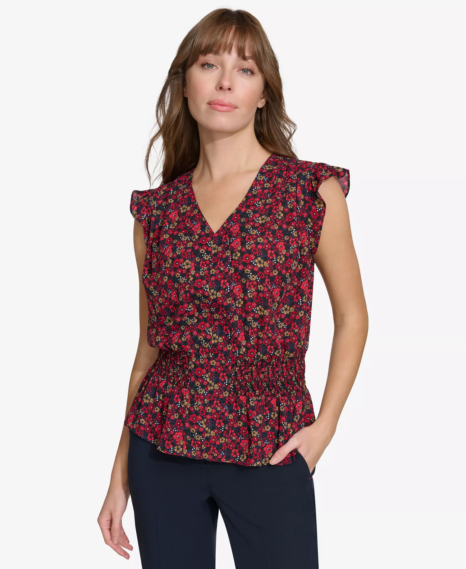 Women's Printed Smocked Cap-Sleeve Top - Mid/chili - L