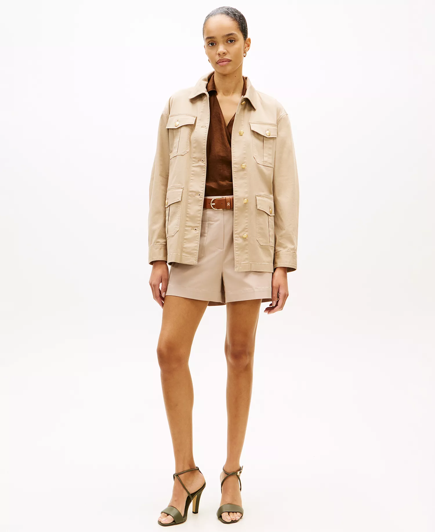 Women's Collared Front-Button Field Jacket - Beige - L