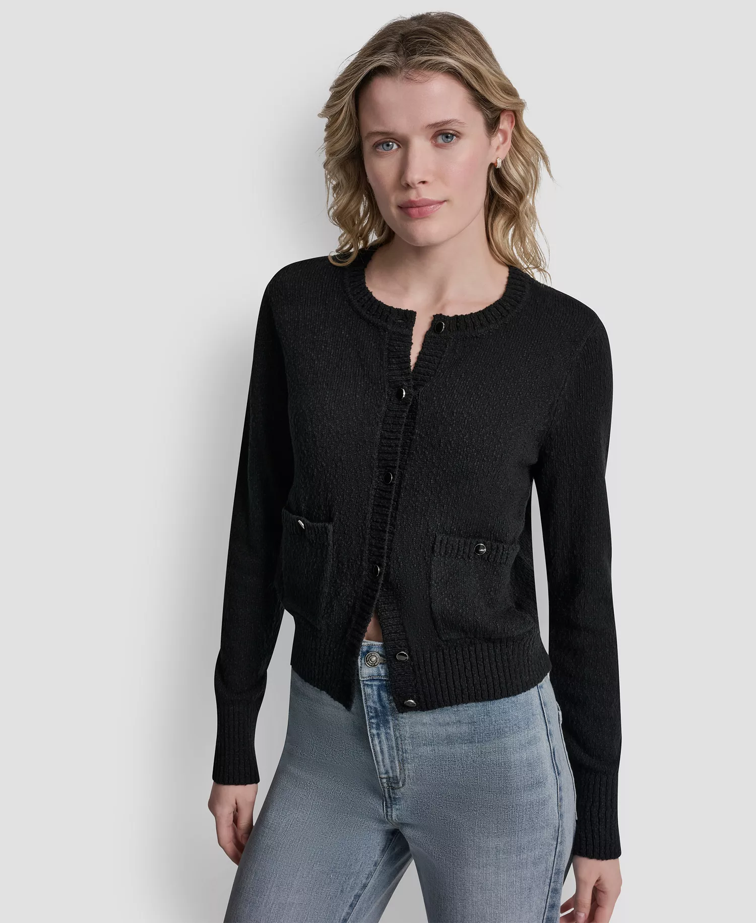 Women's Crewneck Front-Enamel Button Cardigan - Black - L