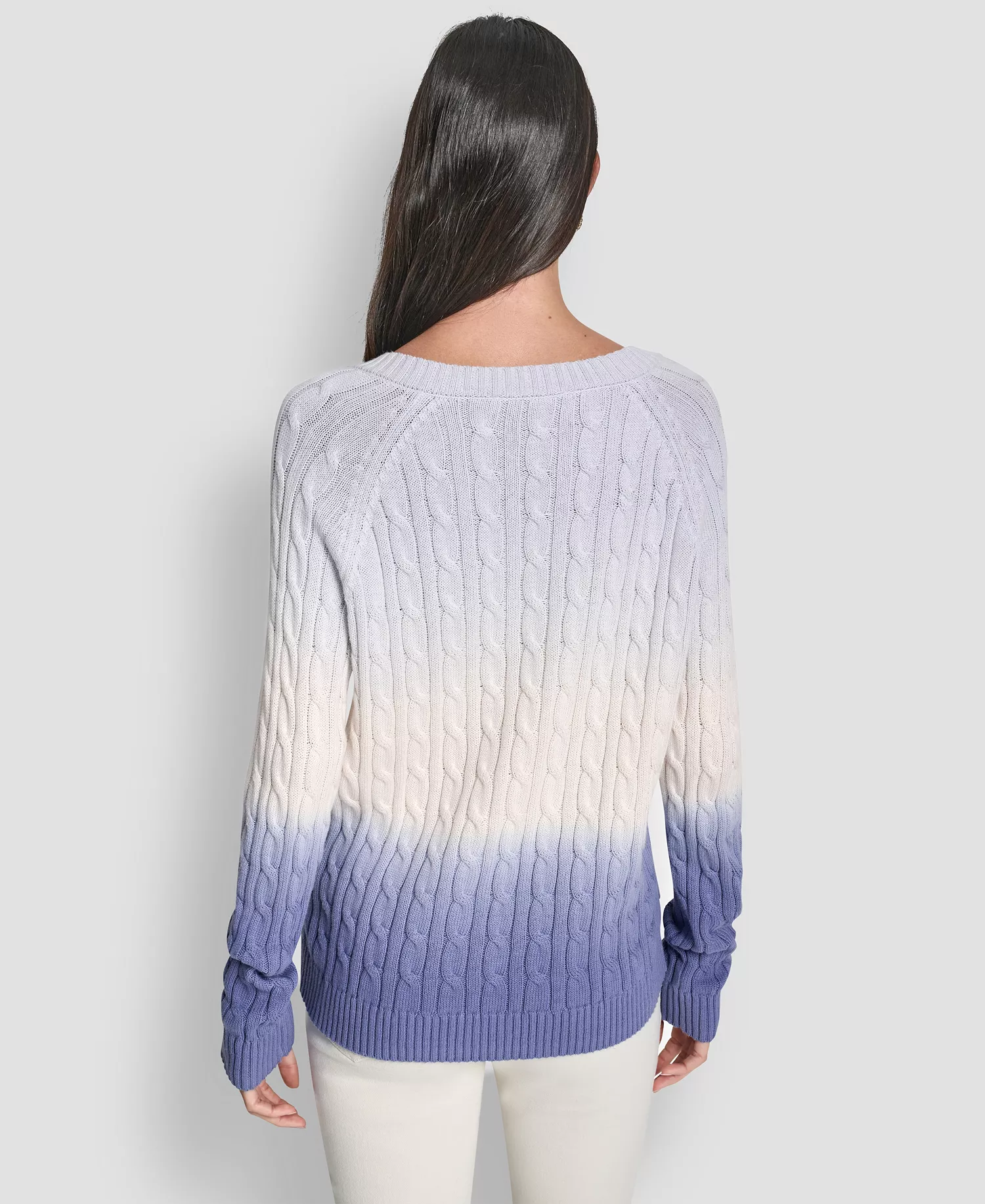 Women's Deep Dye V-Neck Cable Sweater - Frost Blue Combo - L