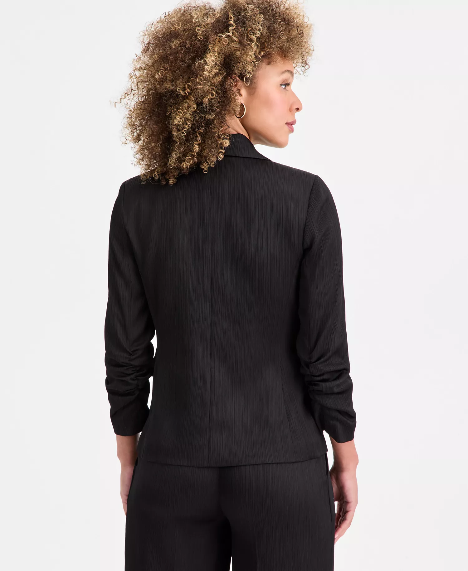 Petite Crinkle-Pleat Double-Breasted Blazer - Black - 10P