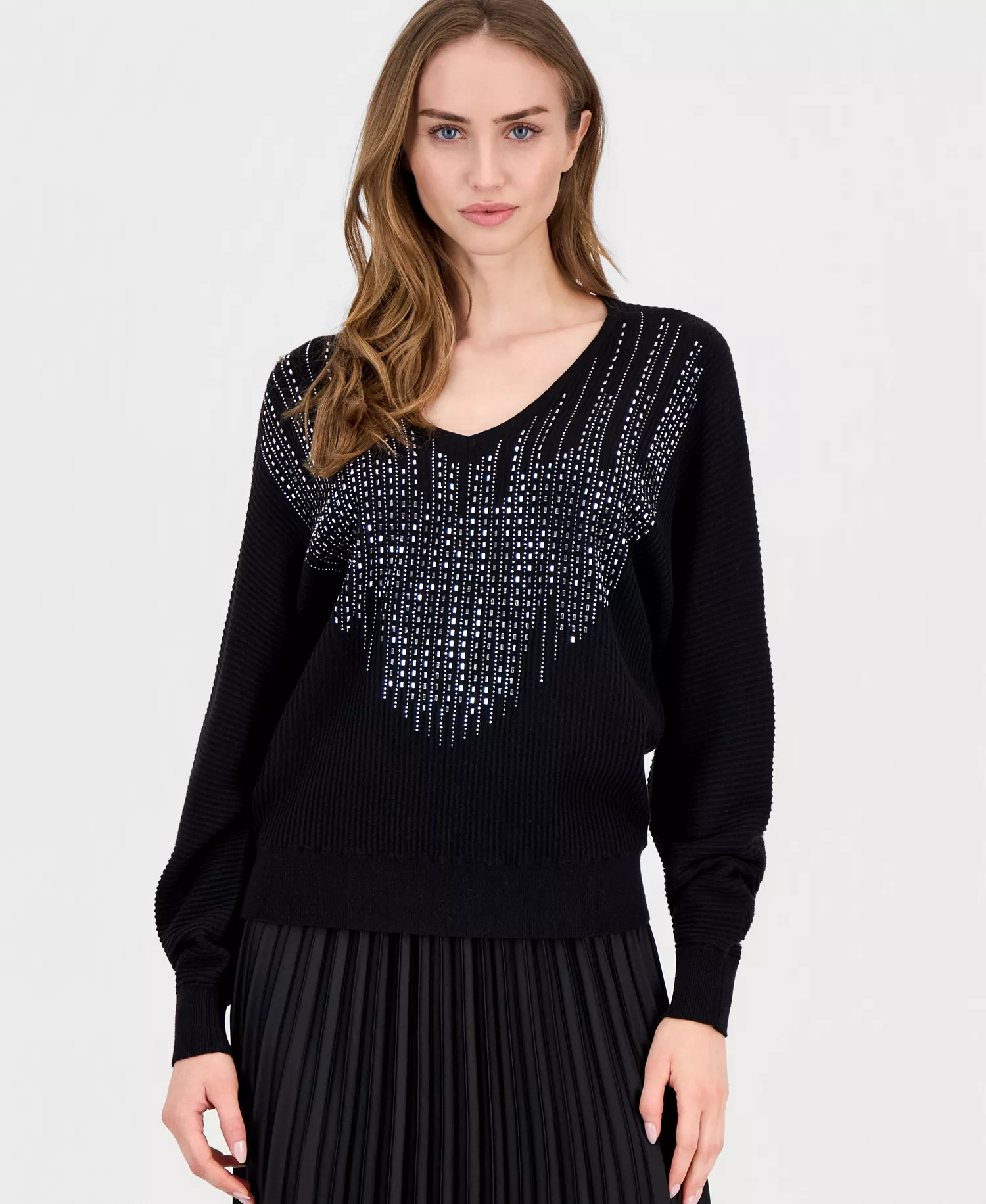 Women's Embellished Dolman-Sleeve Sweater - Black - L