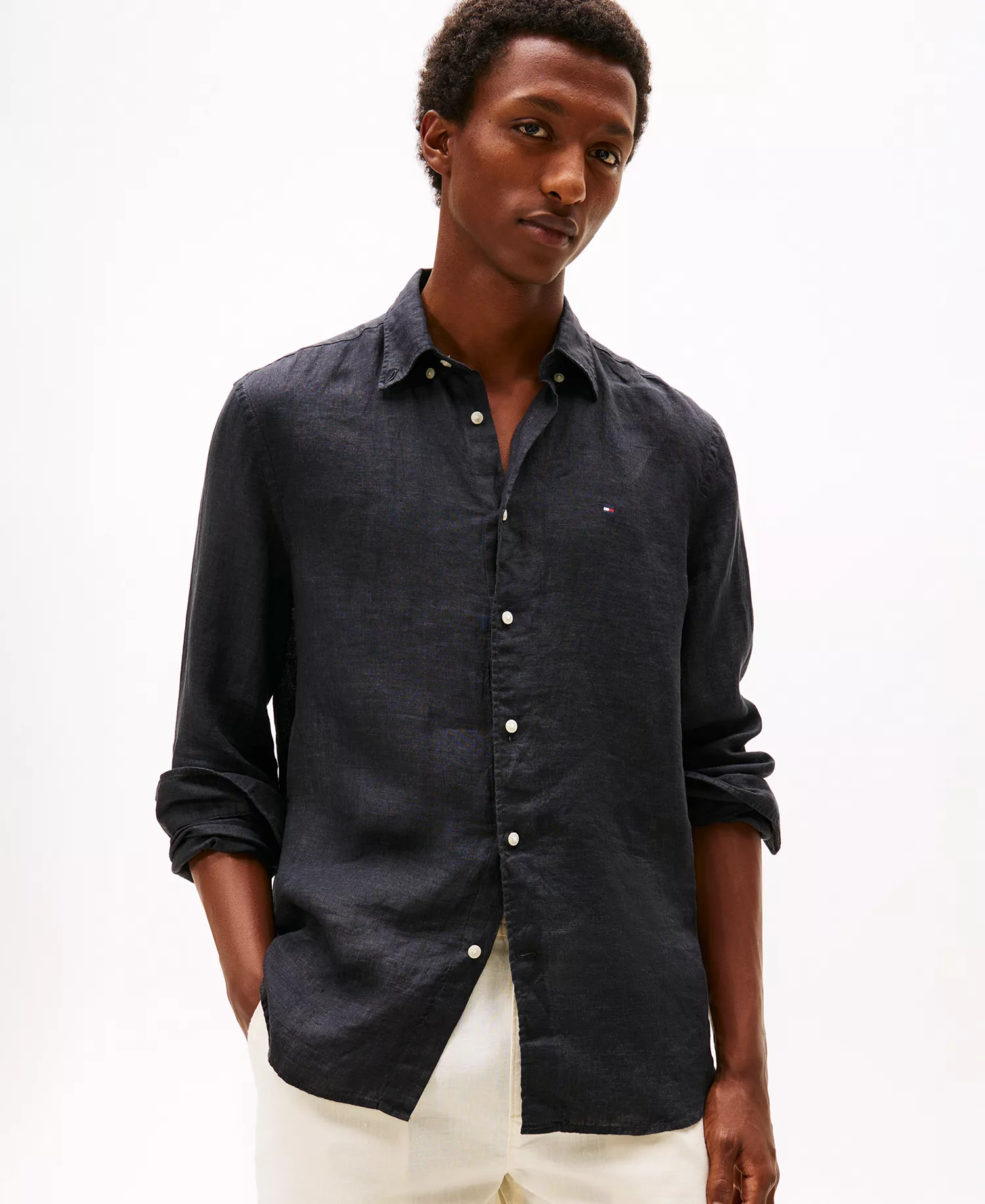 Men's Button-Down Linen Long-Sleeve Shirt - Black - L