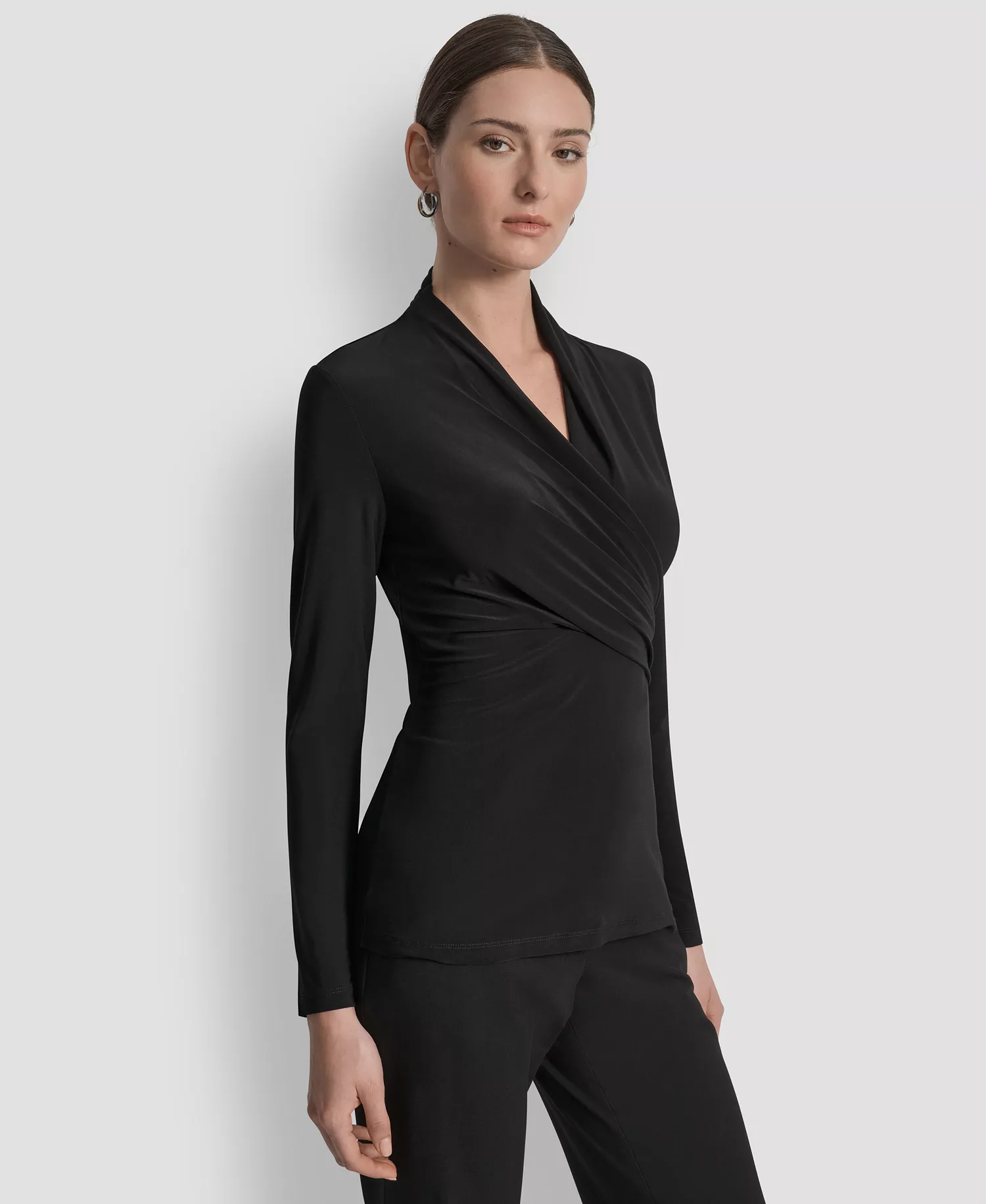Petite Matte Jersey Faux Wrap Top - Black - PL