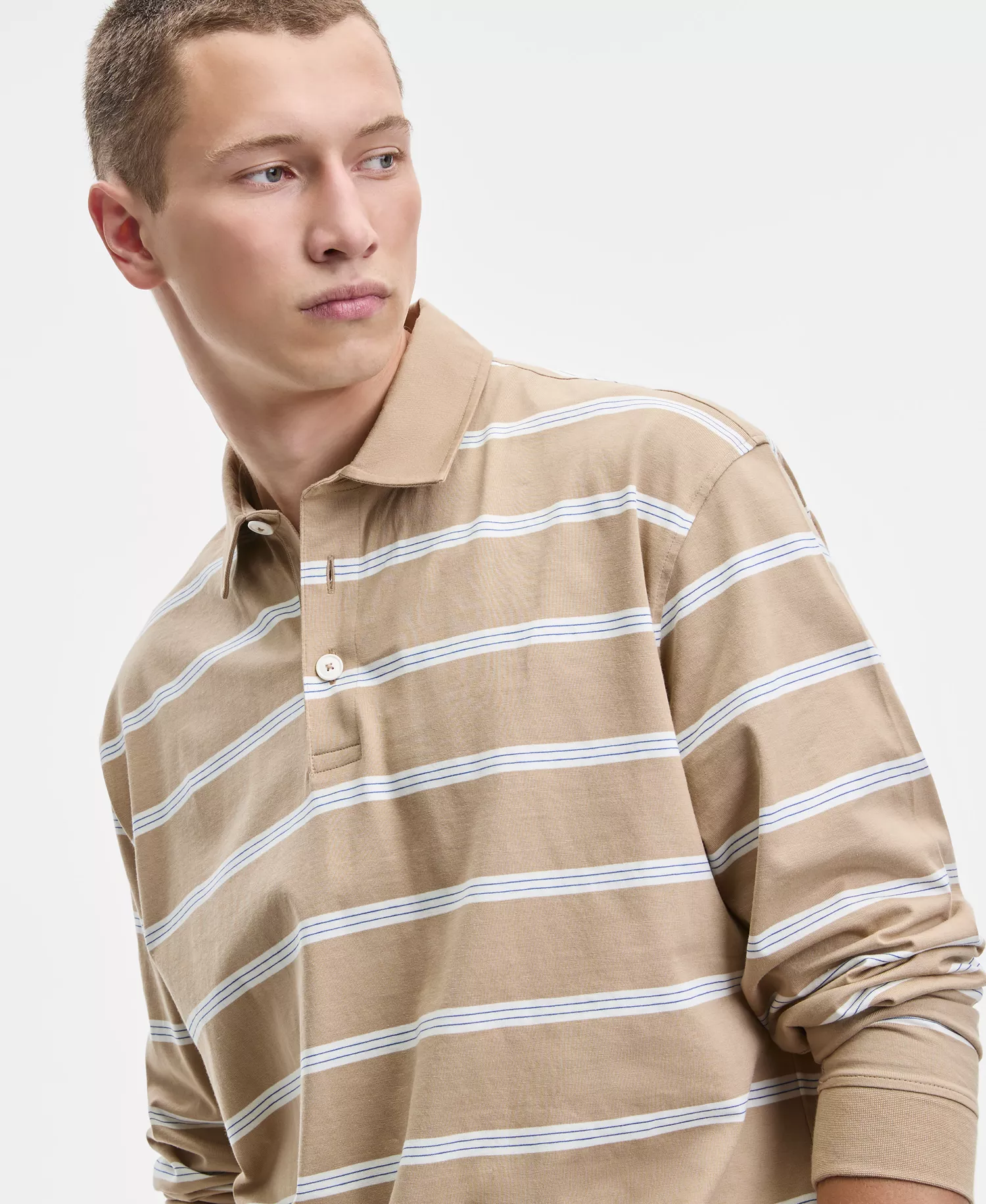 Men's Nolongi Relaxed-Fit Long-Sleeve Striped Polo Shirt - Tan - 2XL