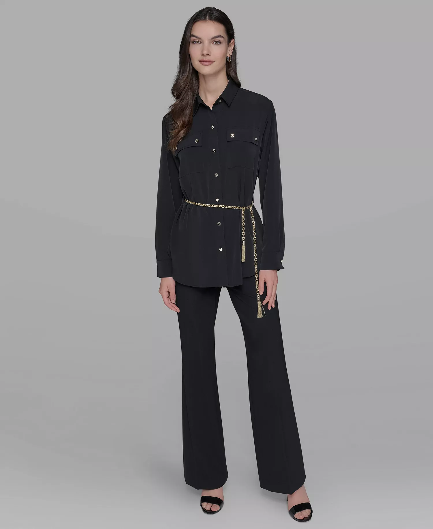 Women's Belted Chest-Pocket Top - Black - L