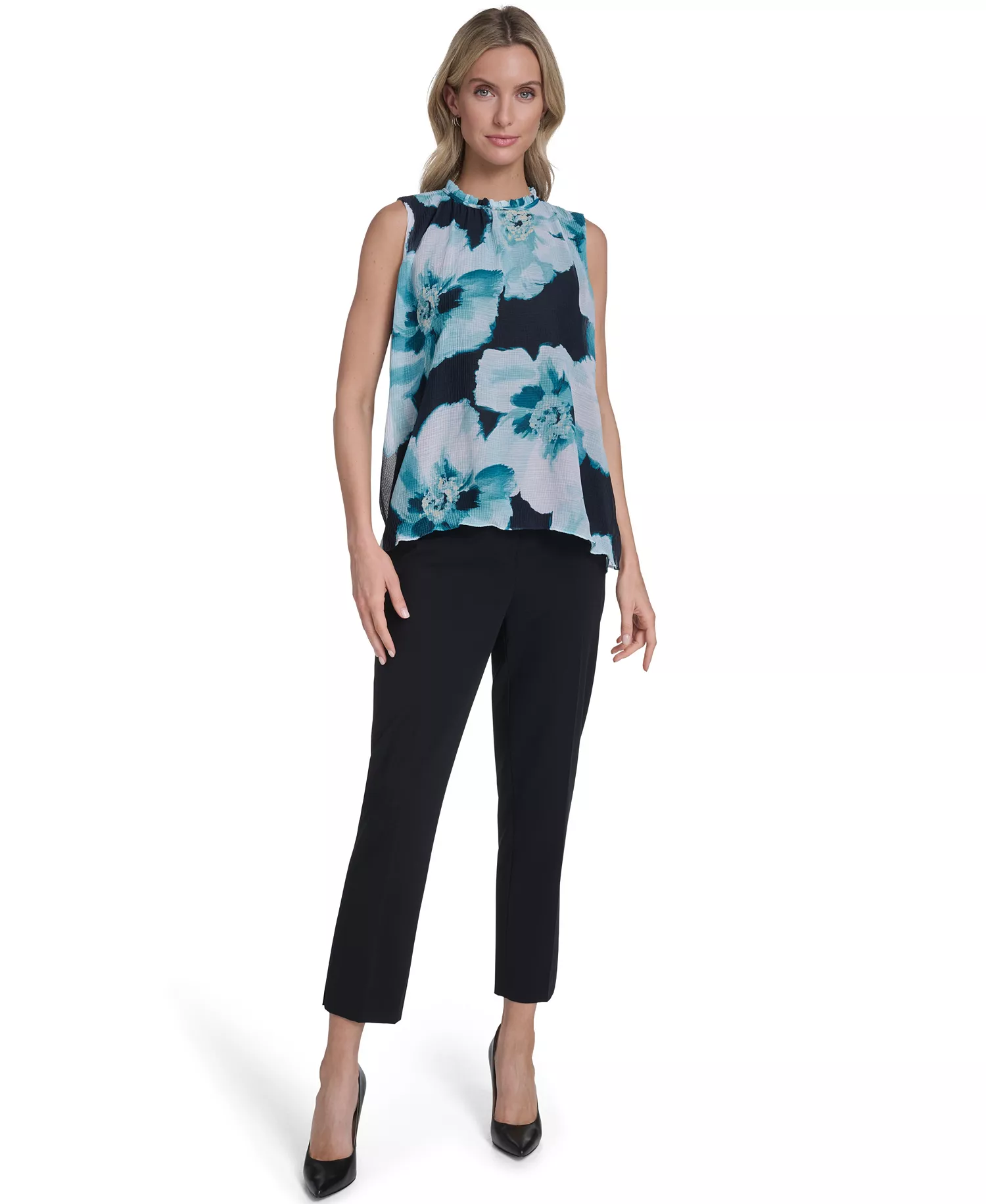 Women's Textured Ruffle Neck Top - Navy/seaspray Multi - L