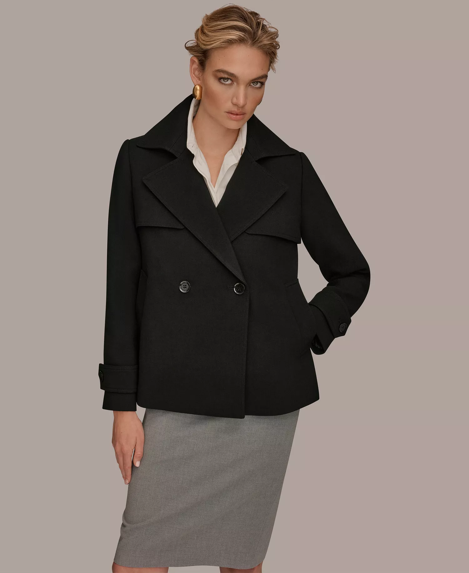 Women's Short Crepe Notch Collar Trench Coat - Black - L