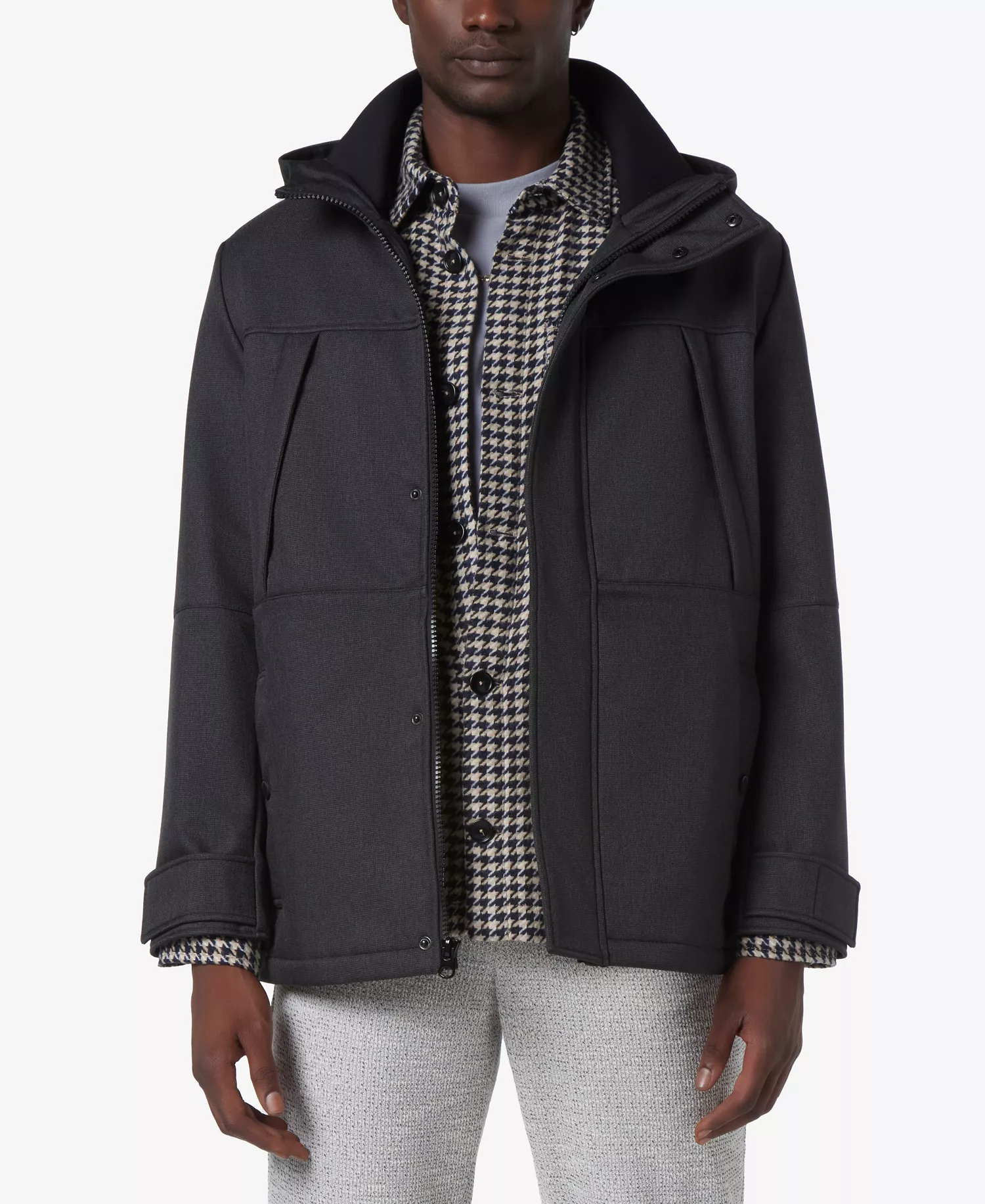 Men's Tompkins Micro-Houndstooth Fleece-Lined Soft Shell Hooded Parka - Black - M