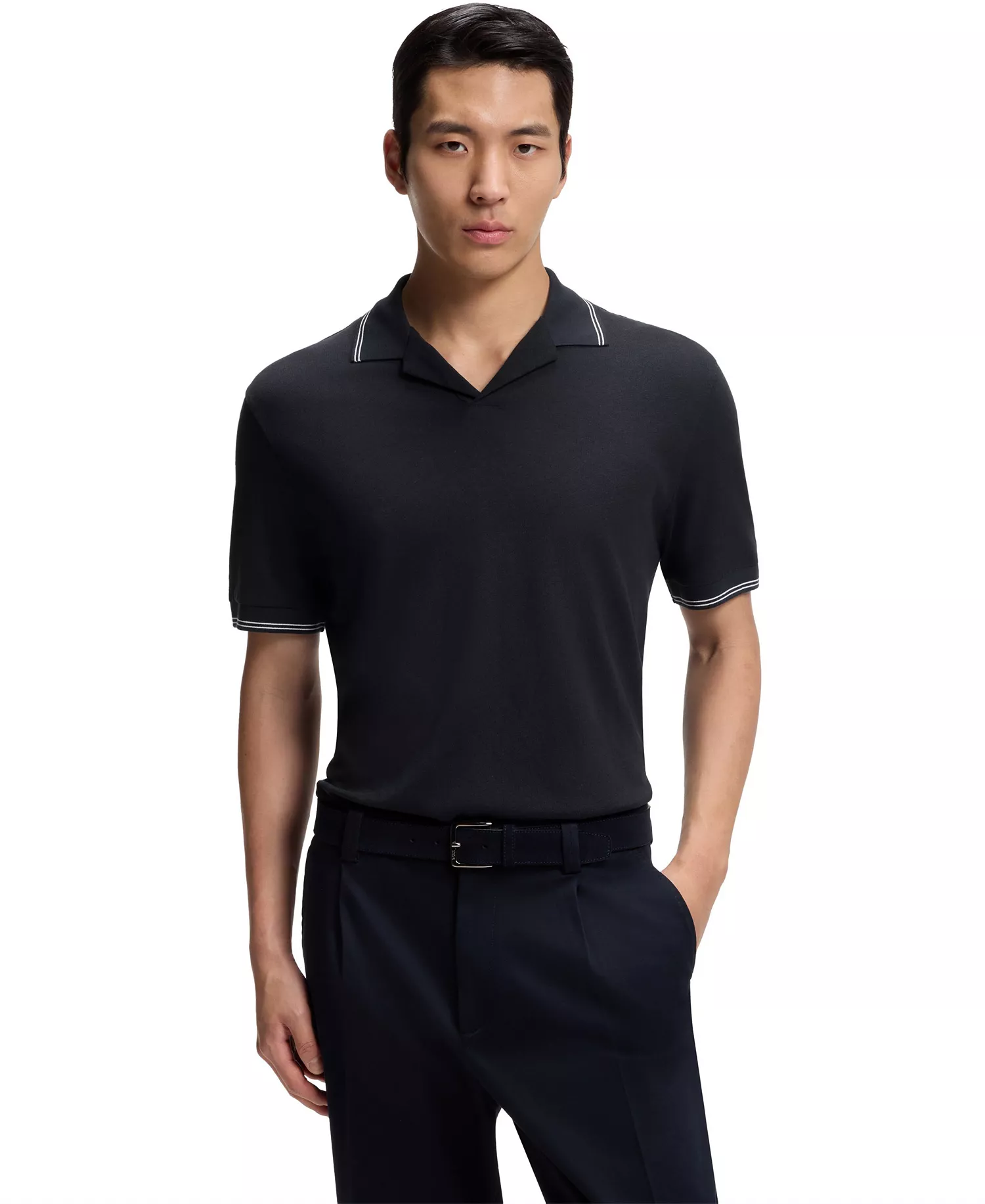 Men's Cotton-Linen Johnny Collar Polo Shirt - Dark Blue - L