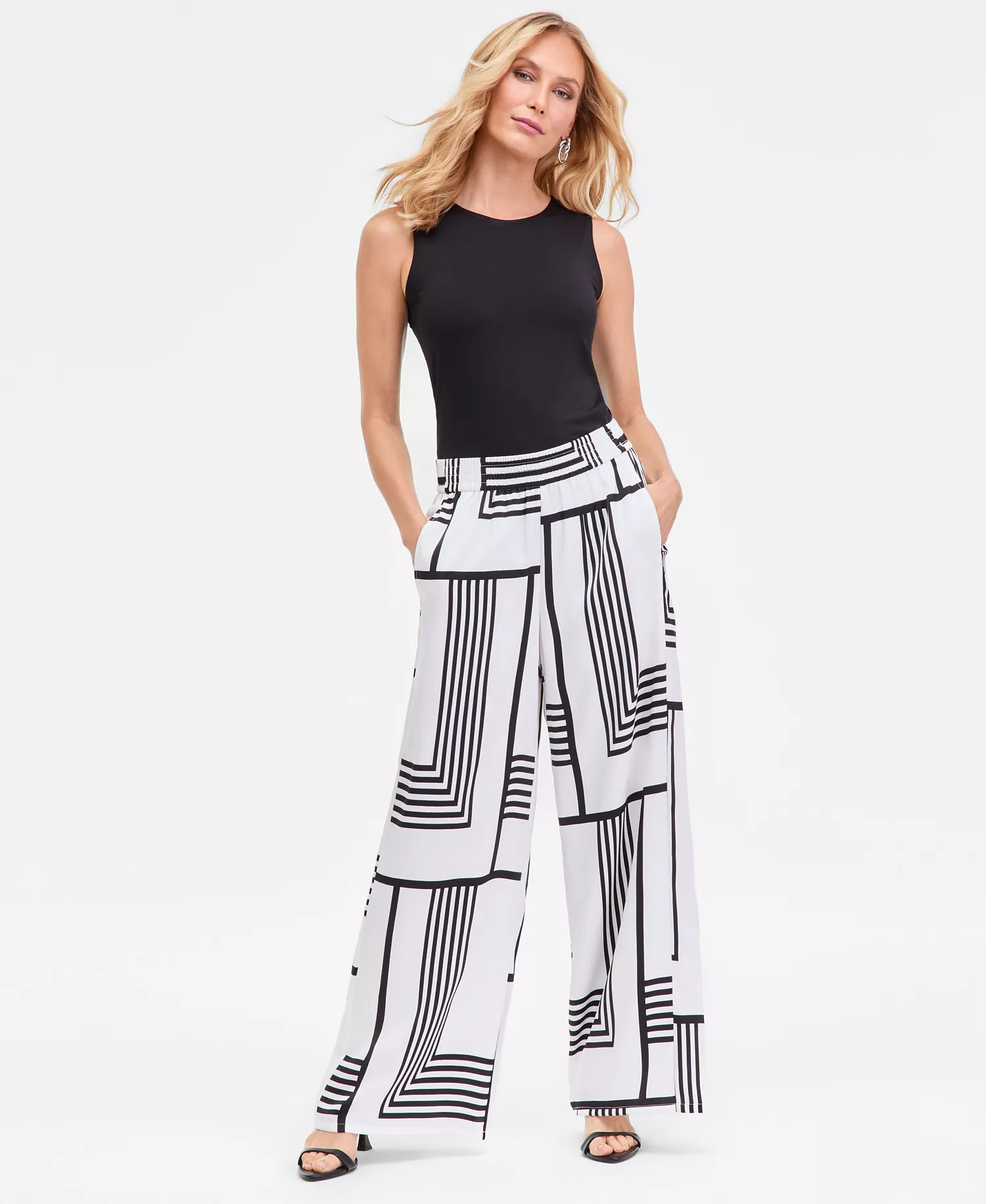 Women's Graphic-Print Pull-On Wide-Leg Pants, Macy's Exclusive - Cora Geo White - XL