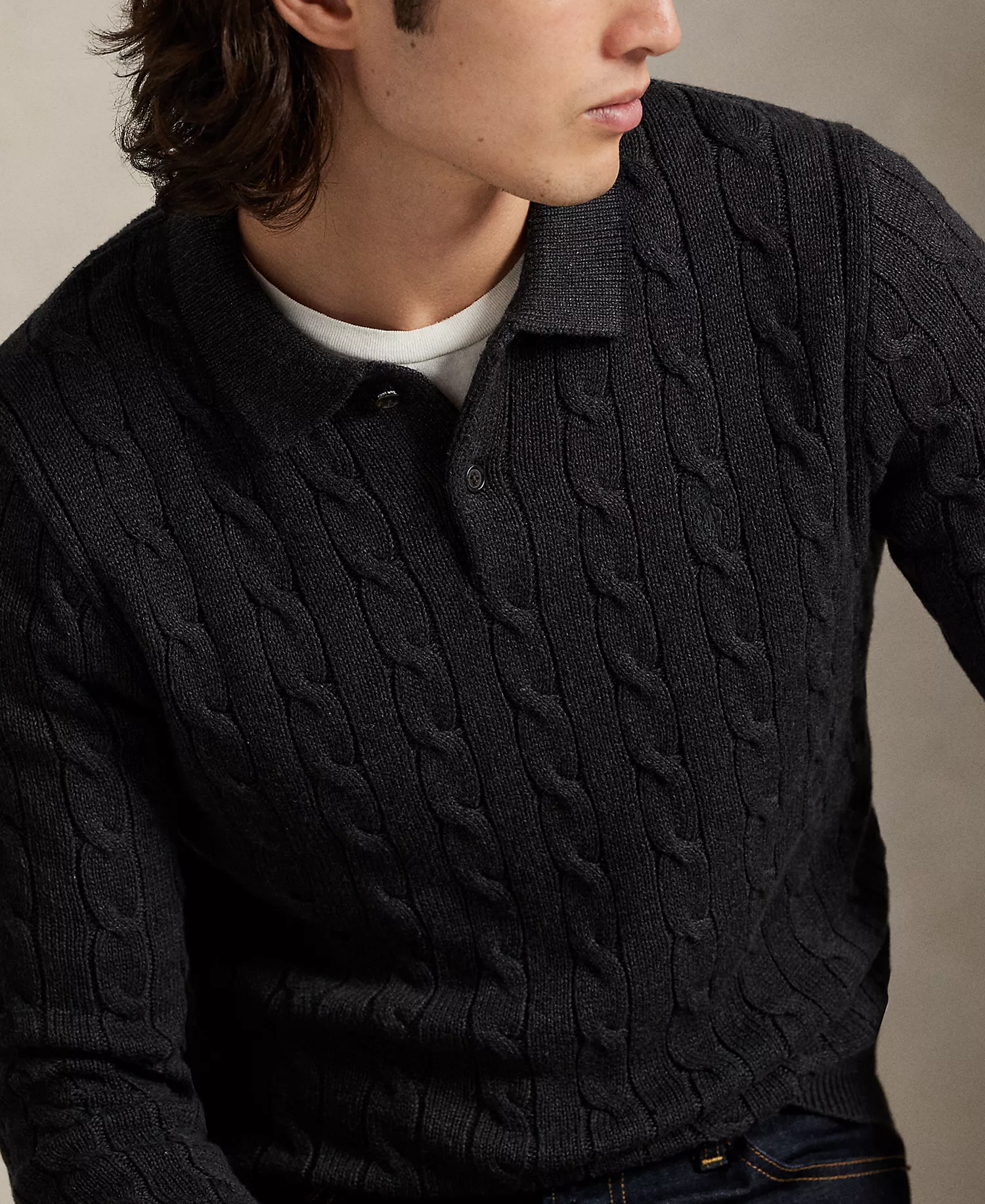 Men's Cable-Knit Cotton Polo Collar Sweater - Dark Granite Heather - 2XL