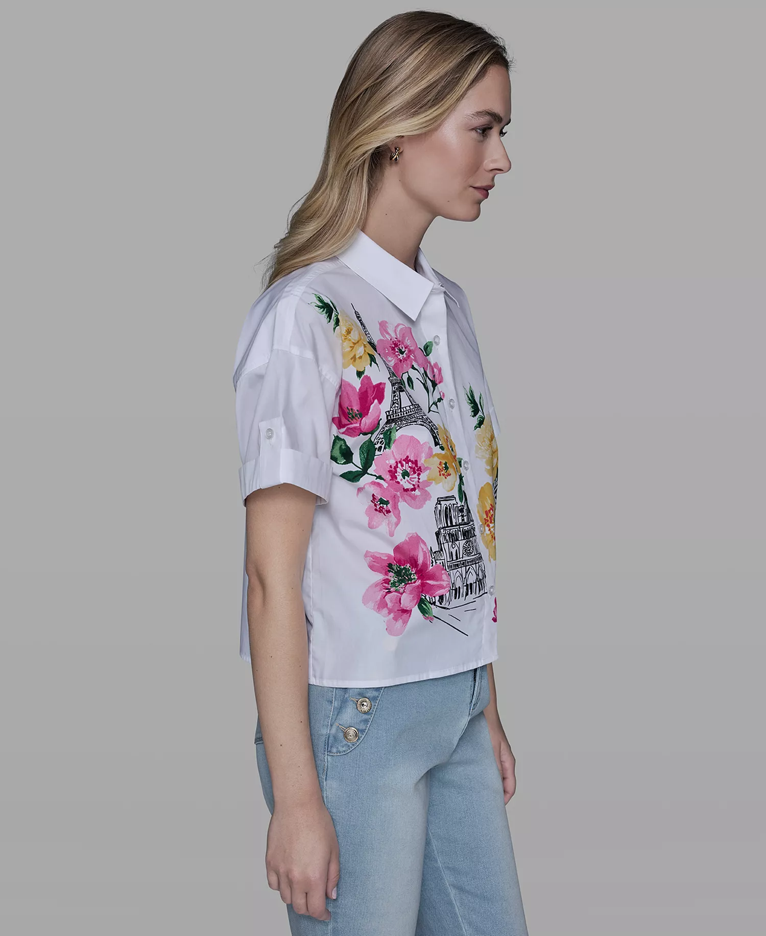 Petite Short-Sleeve Floral Print Shirt - White - P/L