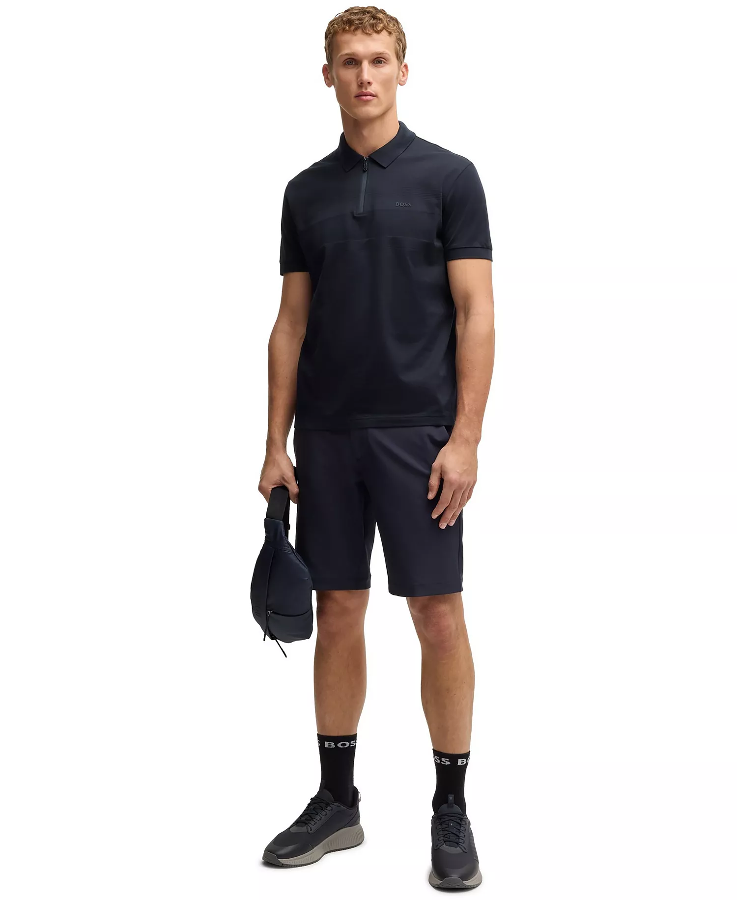 Men's Zip Neck Structured-Cotton Polo Shirt - Dark Blue - 2XL