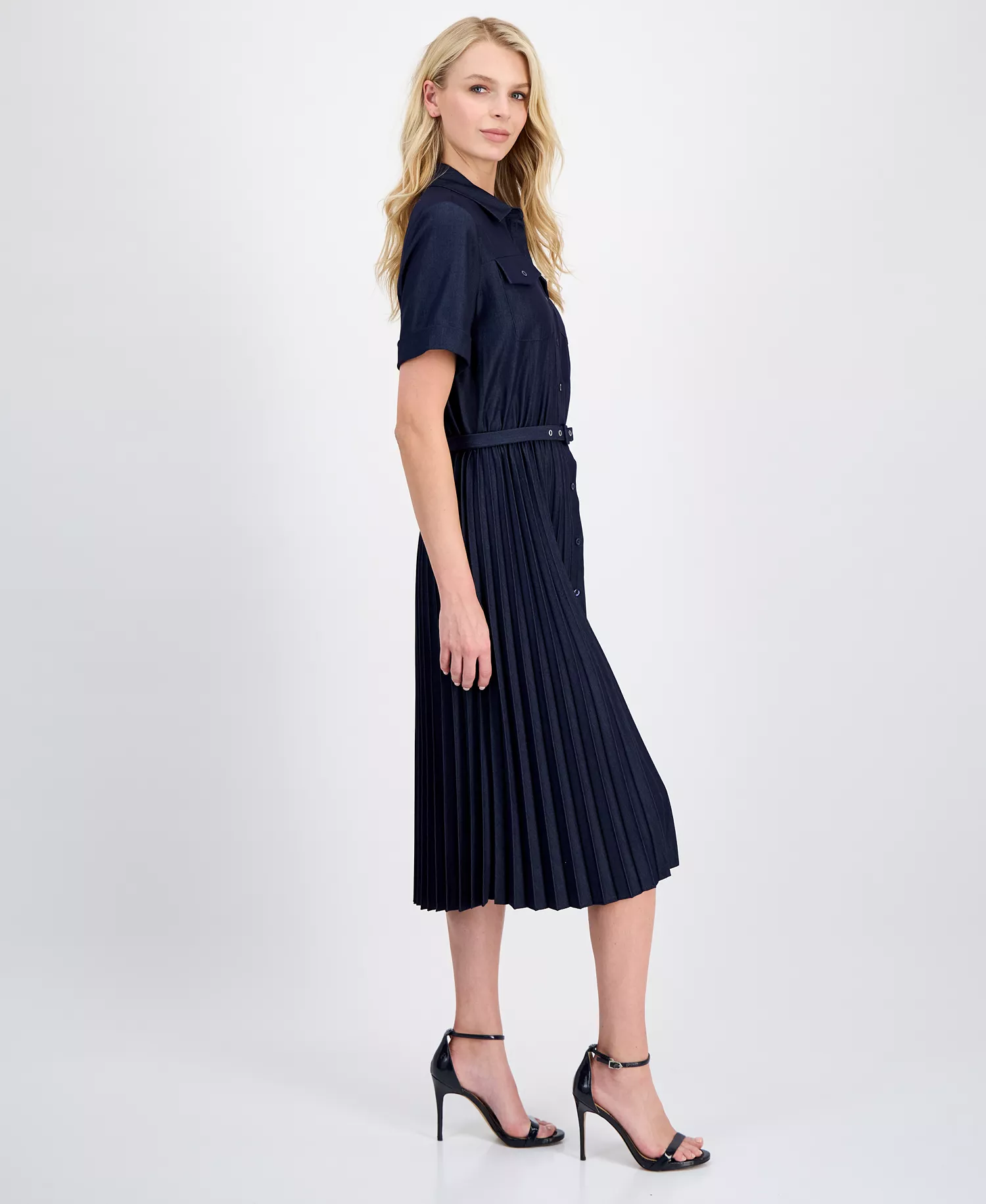 Women's Belted Button-Front Midi Dress - Dark Denim - 10