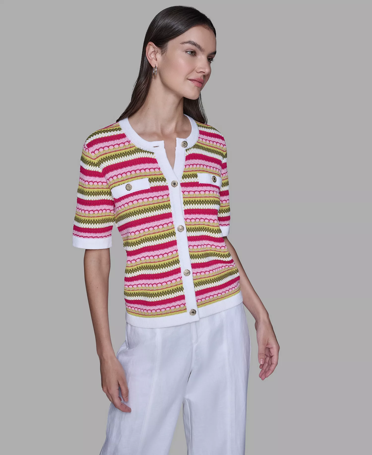 Women's Stripe Knitted Crewneck Top - Lime Multi - XL