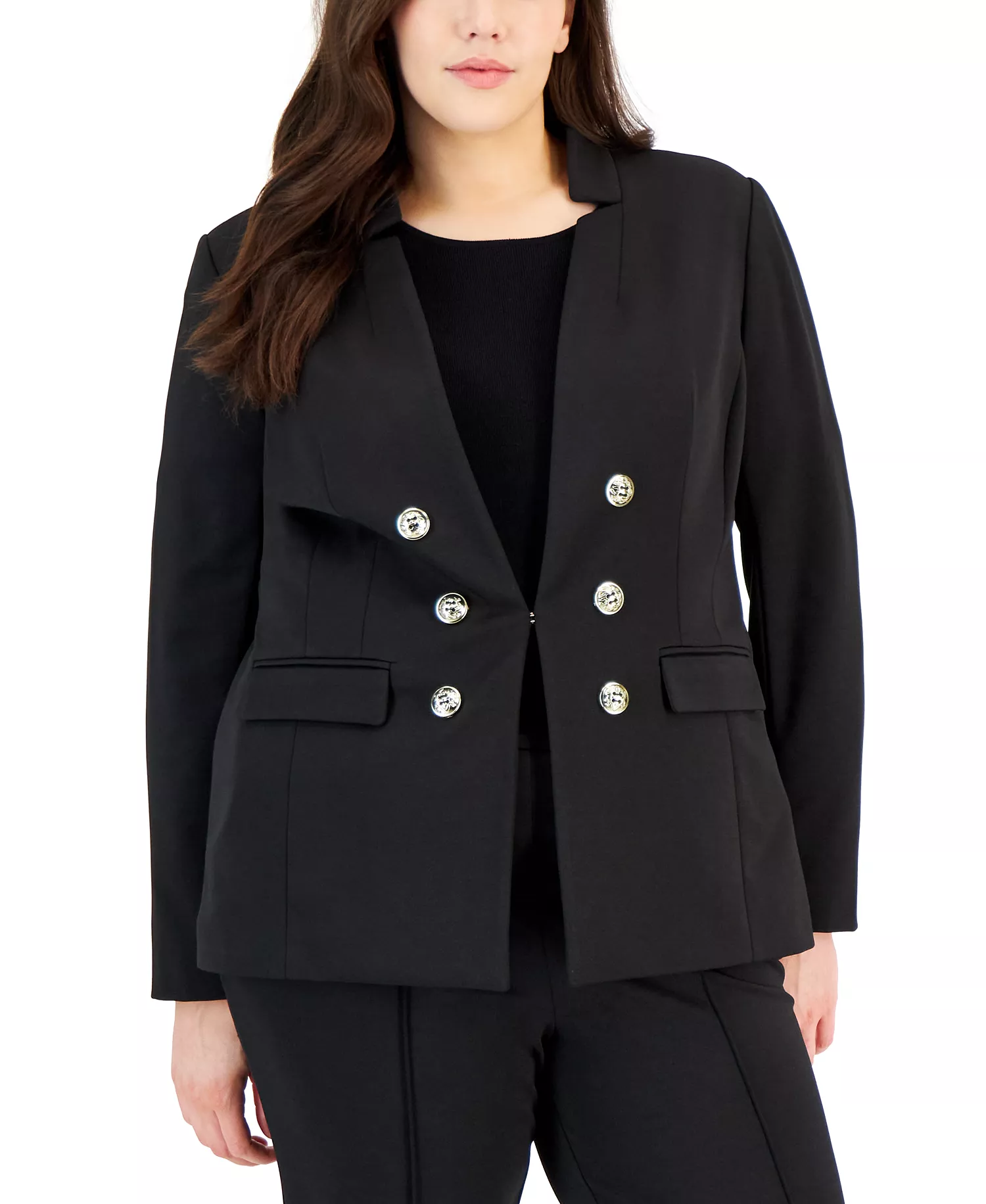 Plus Size Ponte Faux-Double-Breasted Blazer  - Black - 14W
