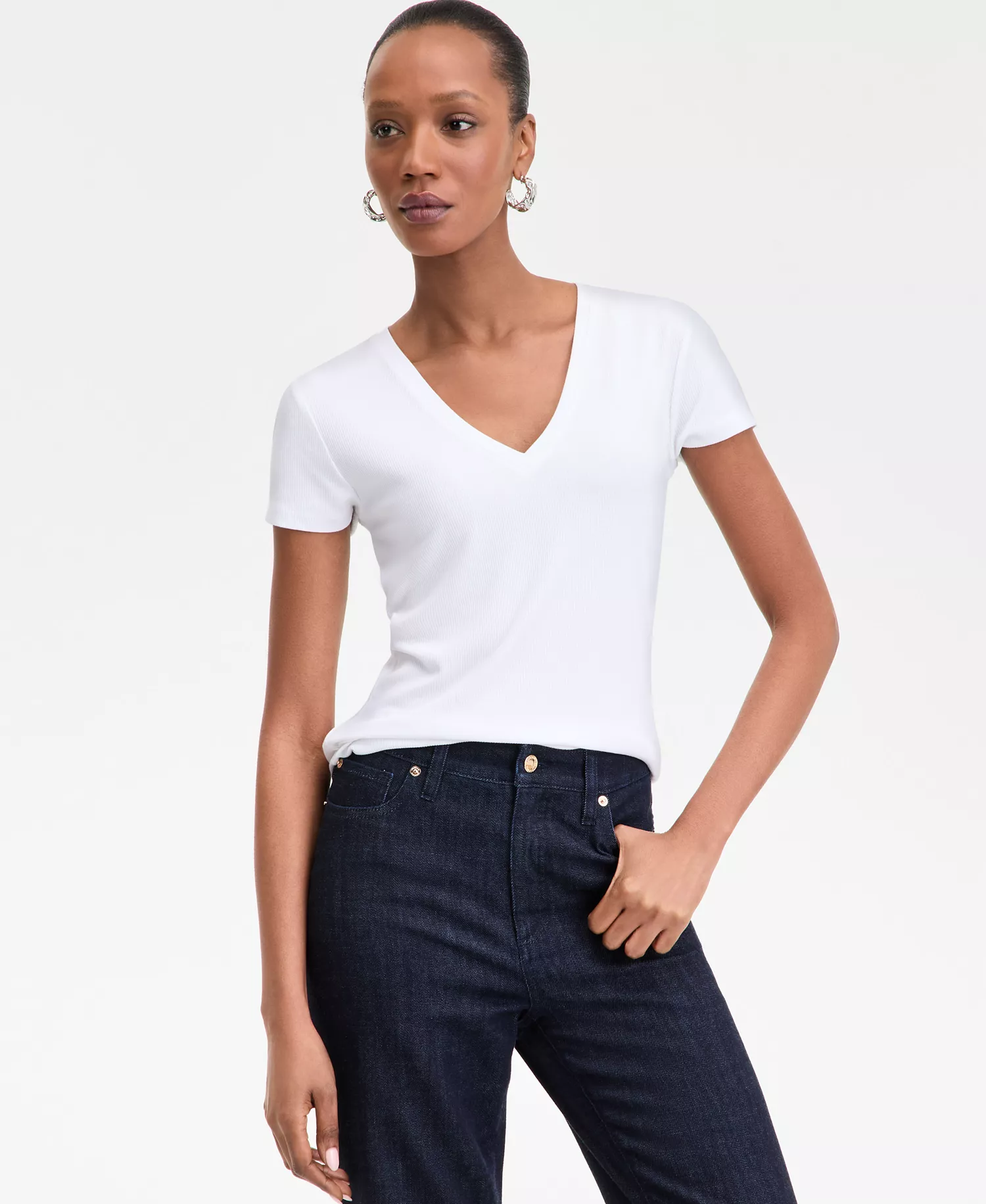 Women's Drapy Ribbed V-Neck Top,  Exclusively at Macy's - Bright White - L