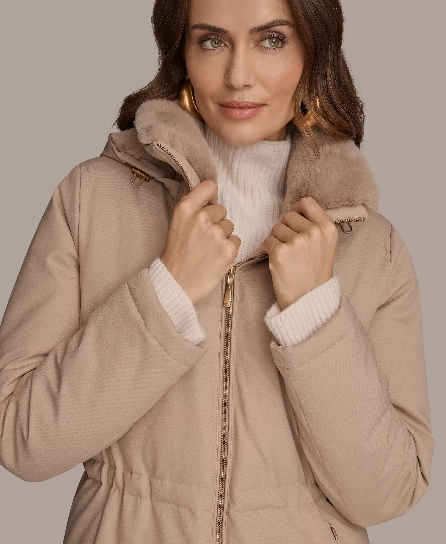 Women's Faux-Fur-Collar Short Puffer Coat - Barley - L