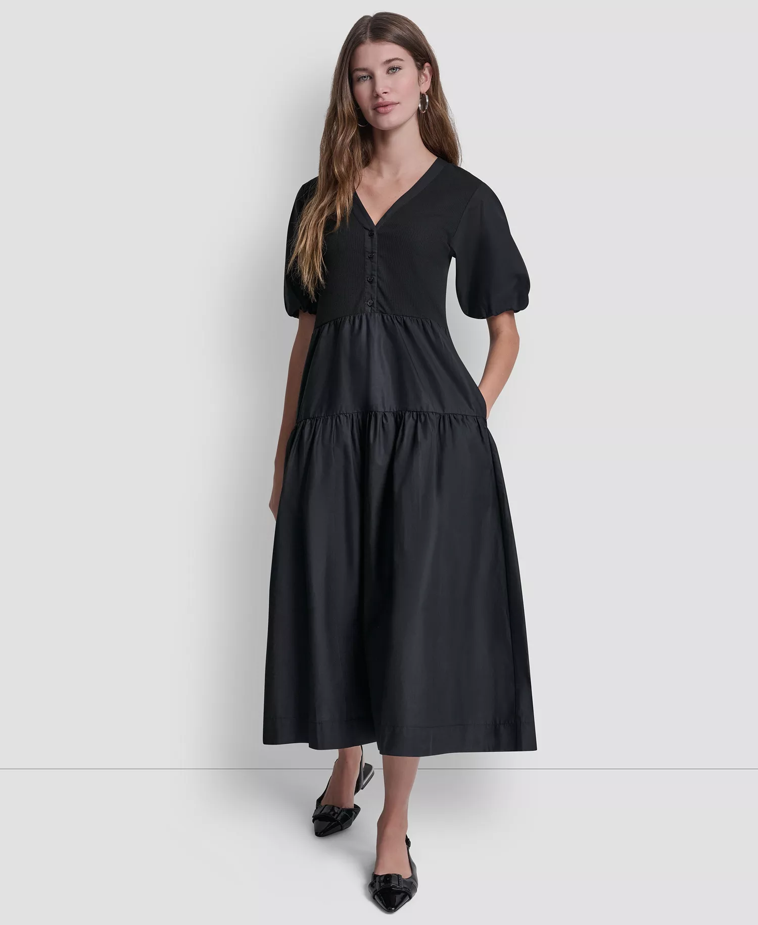 Women's Rib Henley Puff-Sleeve Midi Dress - Black - L