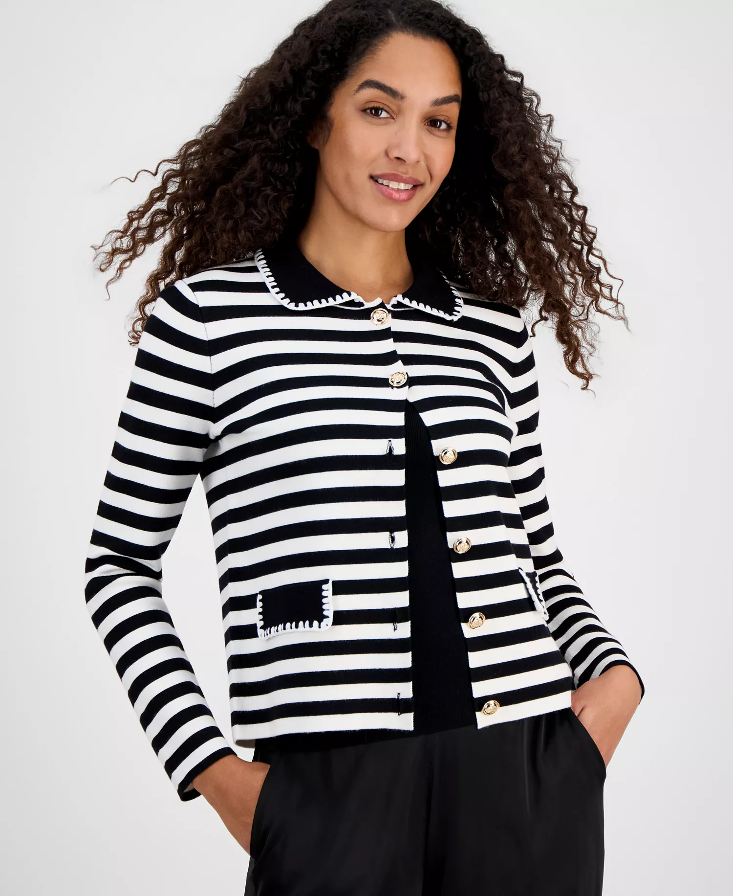 Women's Striped Collared Button Cardigan Sweater - Black / White Star/ Or - L