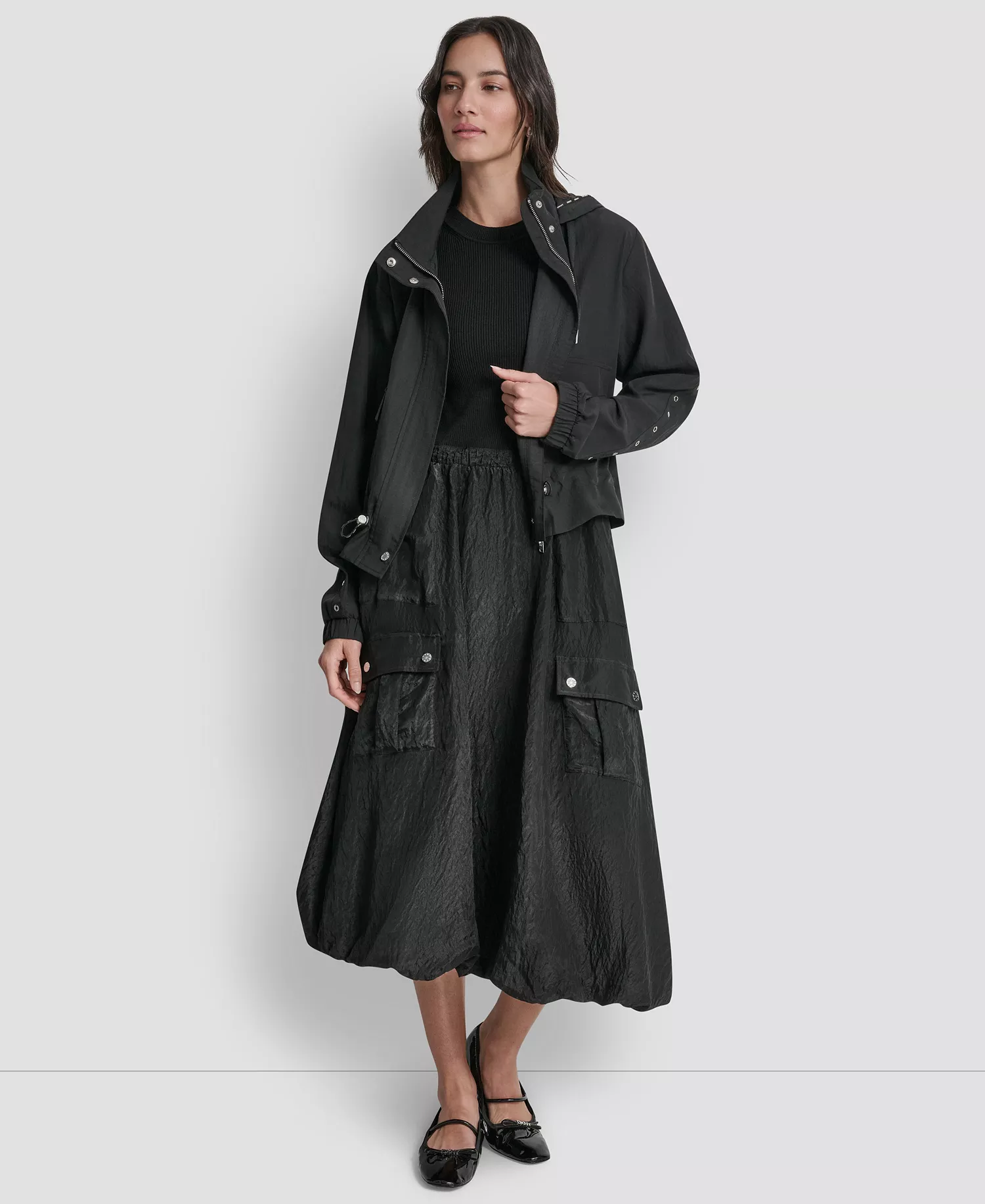 Women's Studded Hooded Anorak Jacket - Black - L