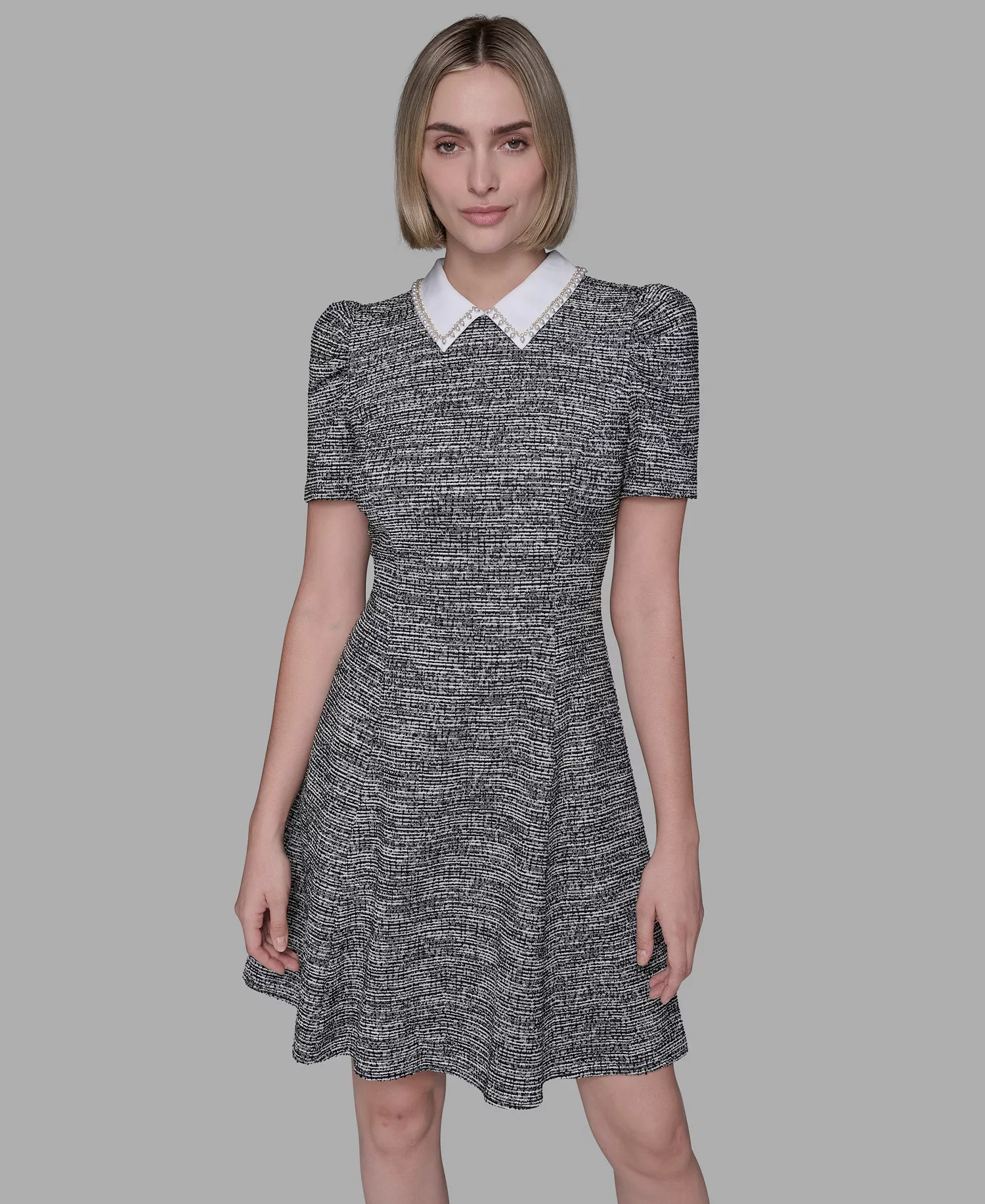 Women's Collared Tweed A-Line Dress - Soft White/Black - 10