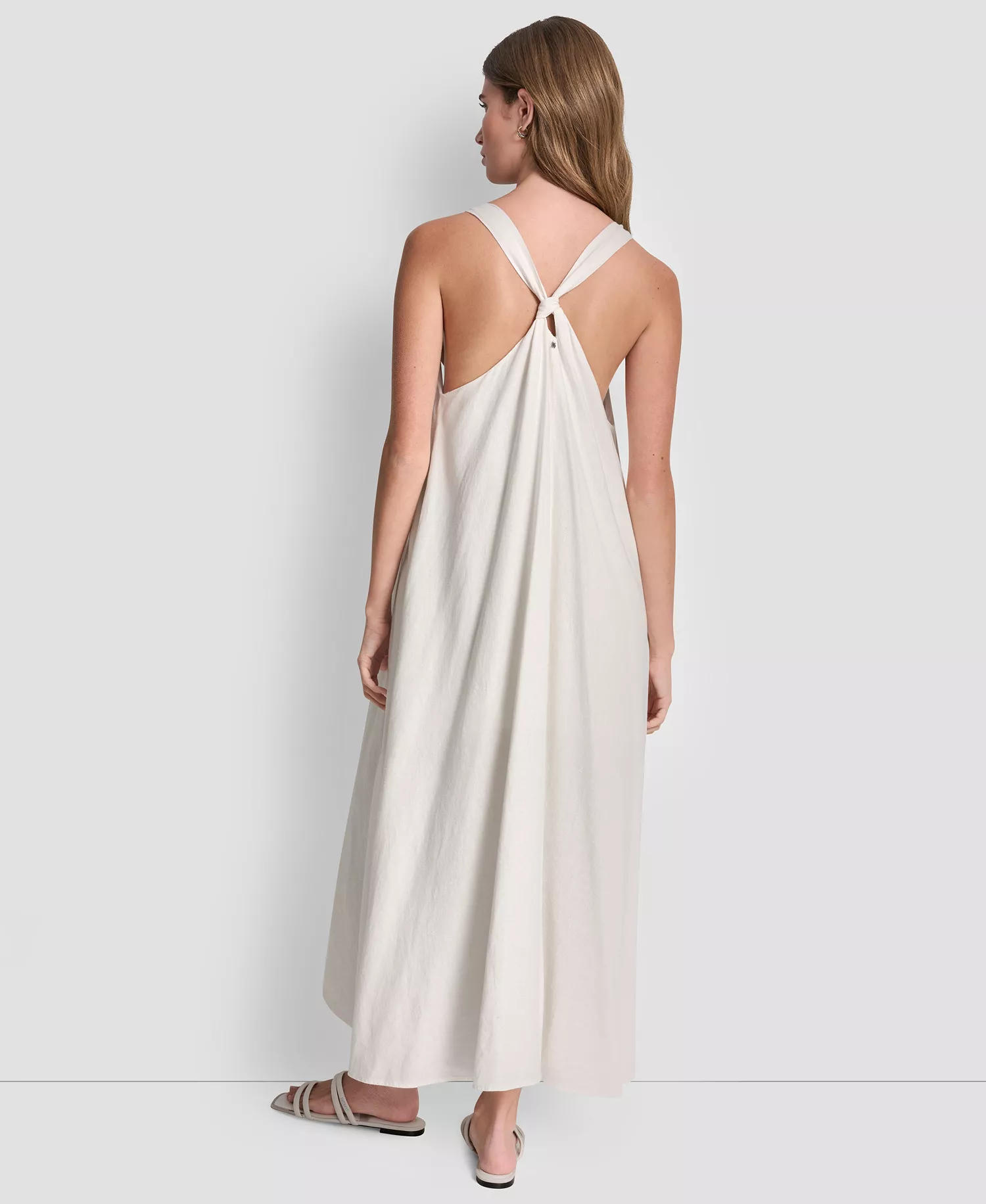 Women's Linen-Blend Knotted Strap V-Neck A-Line Dress - Ivory - L