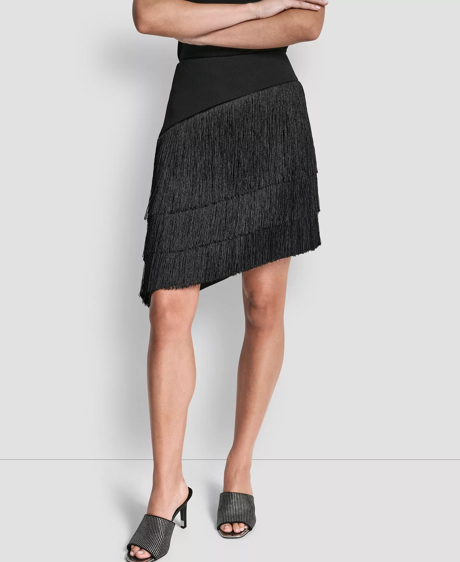 Women's High-Low Fringe Detail Skirt - Black - 10