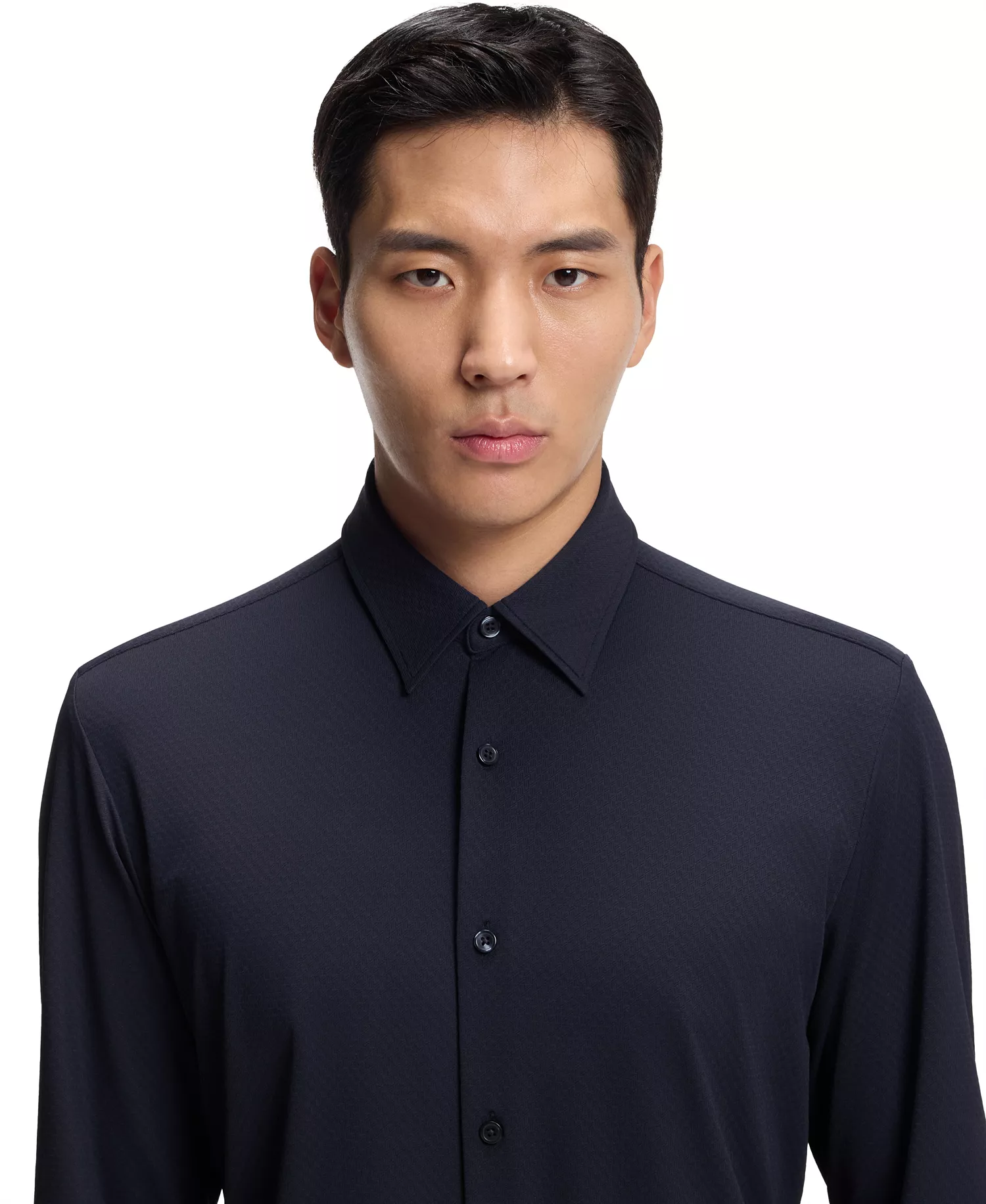 Men's Performance-Stretch Structured Jersey Slim-Fit Dress Shirt - Dark Blue - L