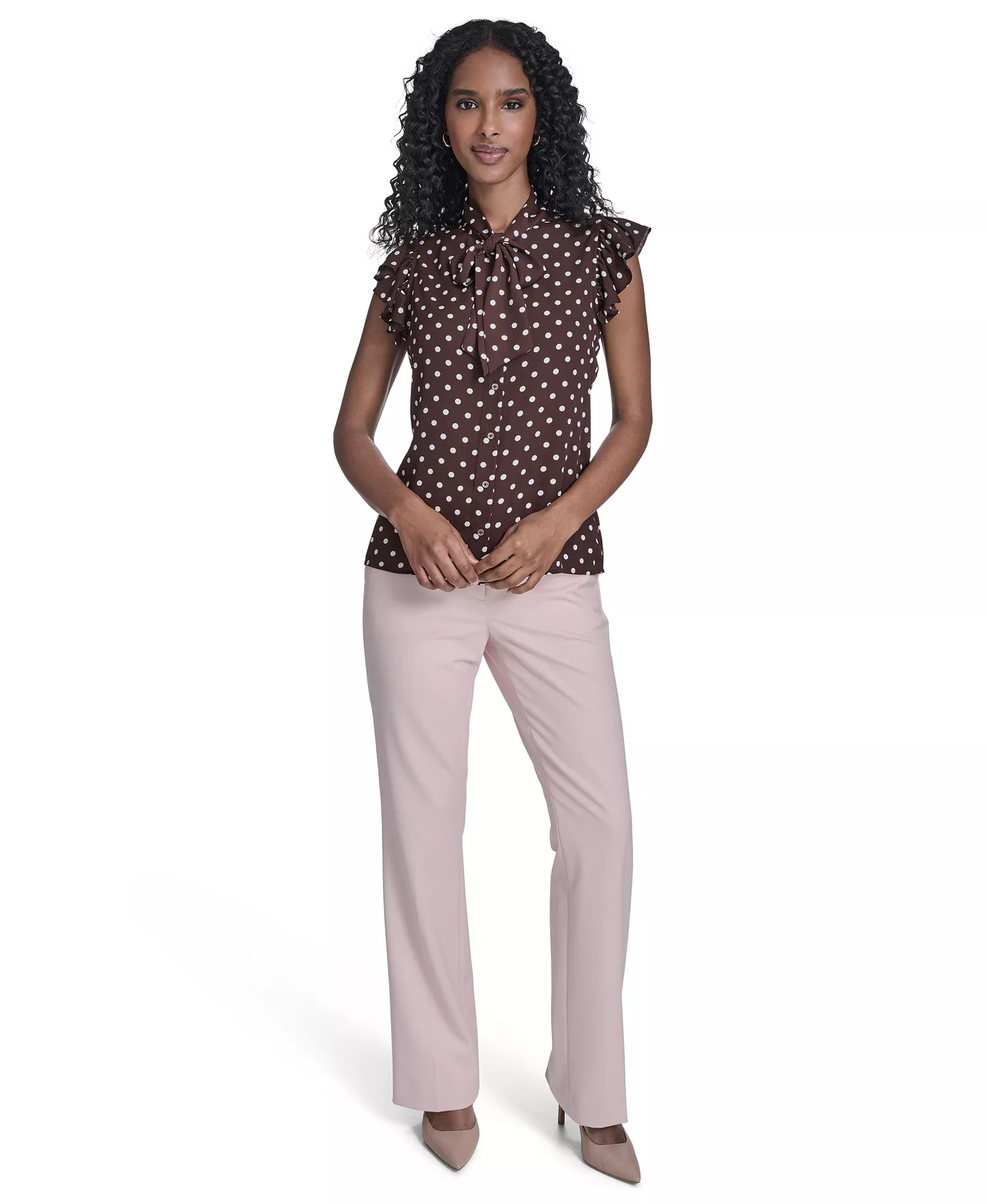 Women's Dot Tie Neck Top - Chicory/ Ivory - L