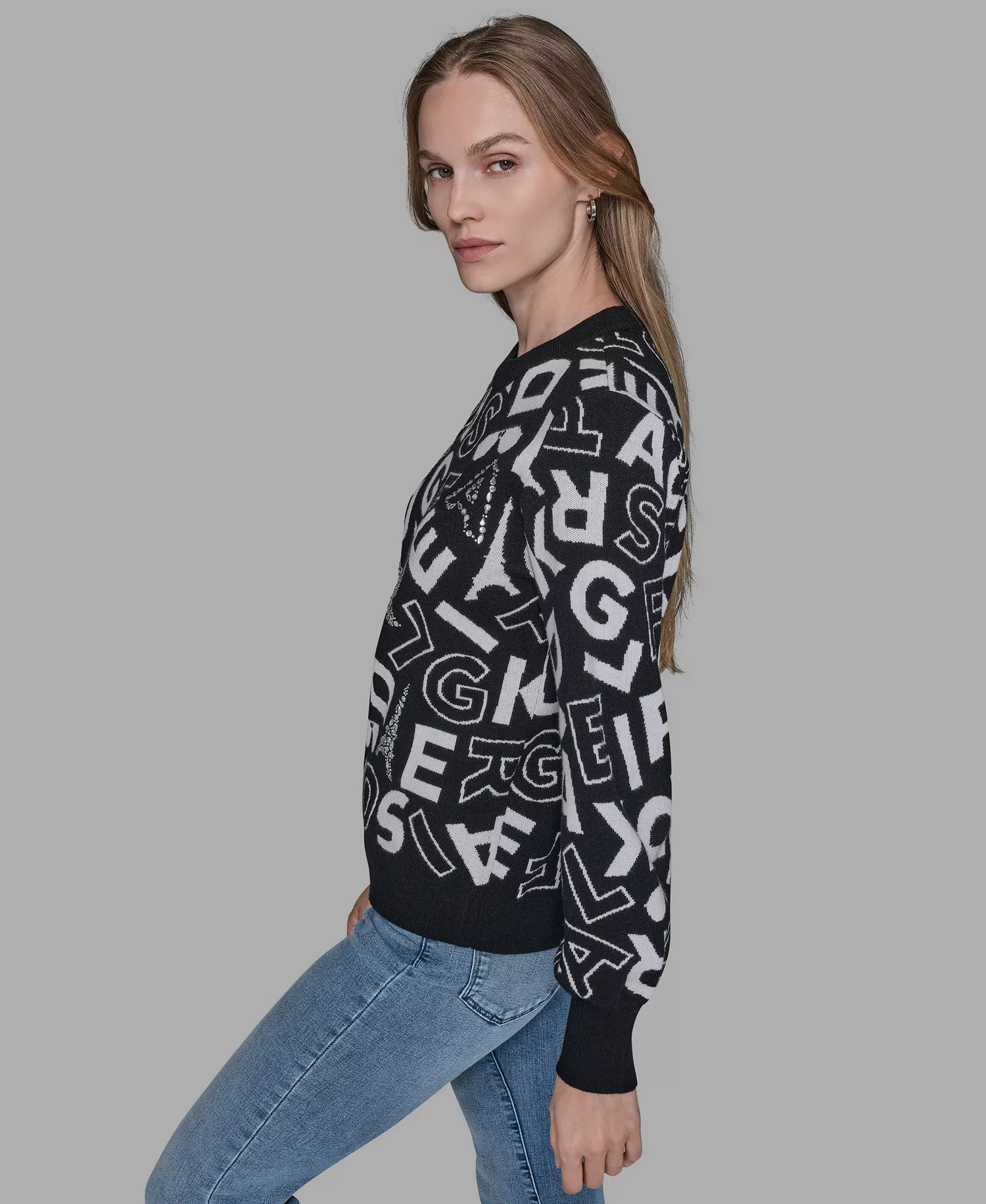 Women's Printed Long Sleeve Sweater - Black/soft White - M