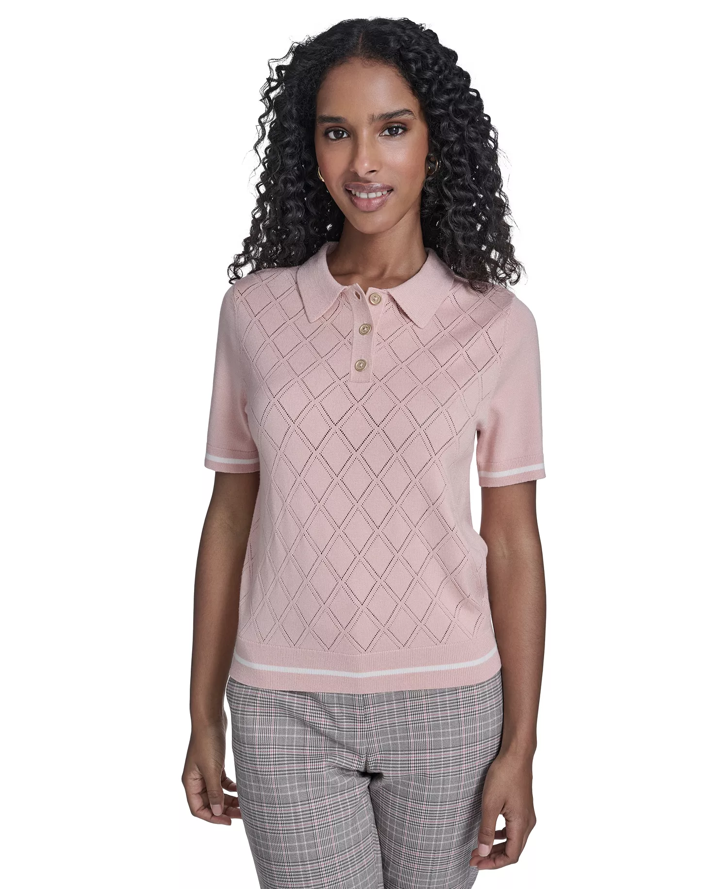 Women's Pointelle Polo Collared Sweater - Evening Sand/ Whitecap - L