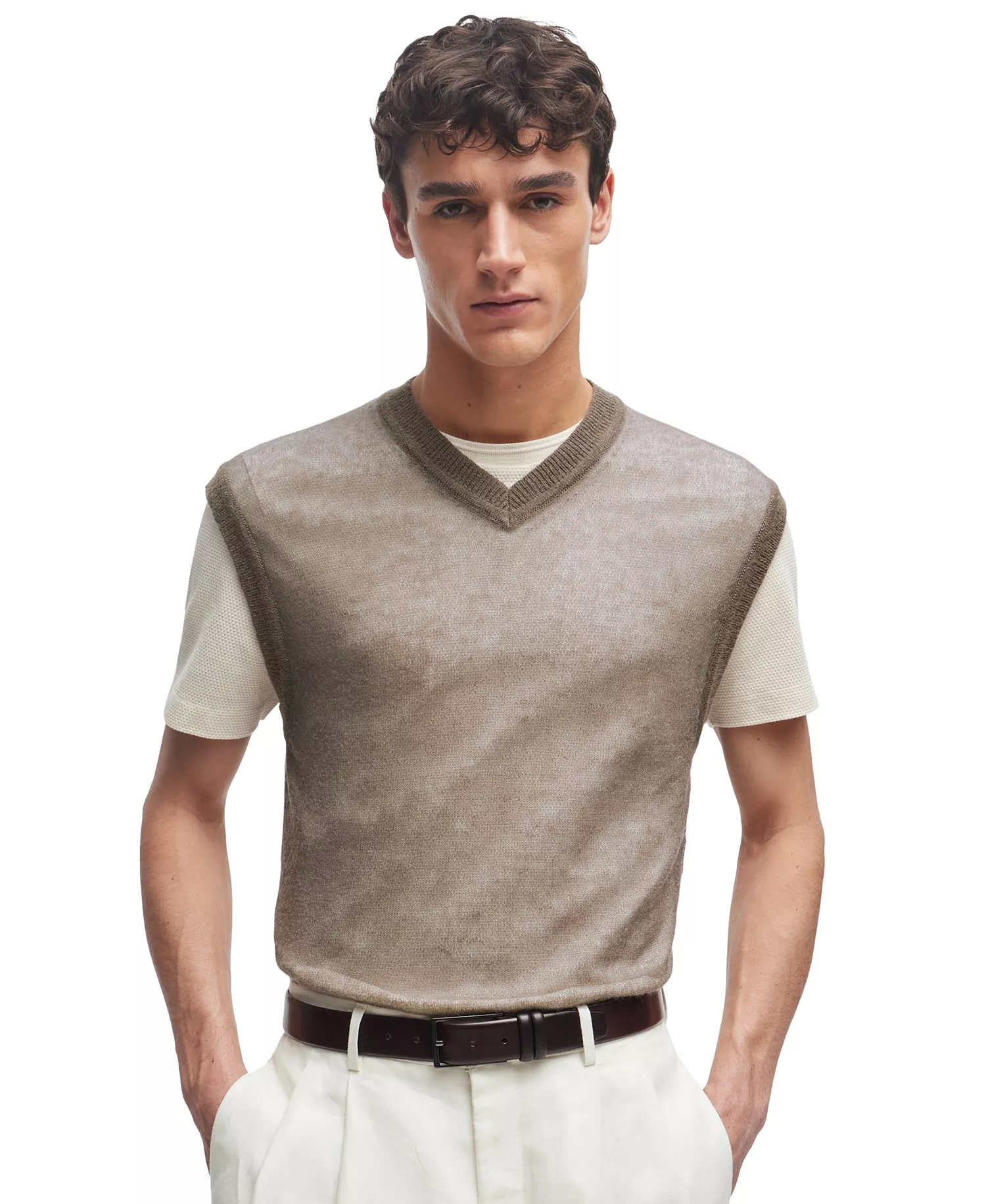 Men's Regular Fit Wool-Blend Sleeveless Sweater - Open Beige - M