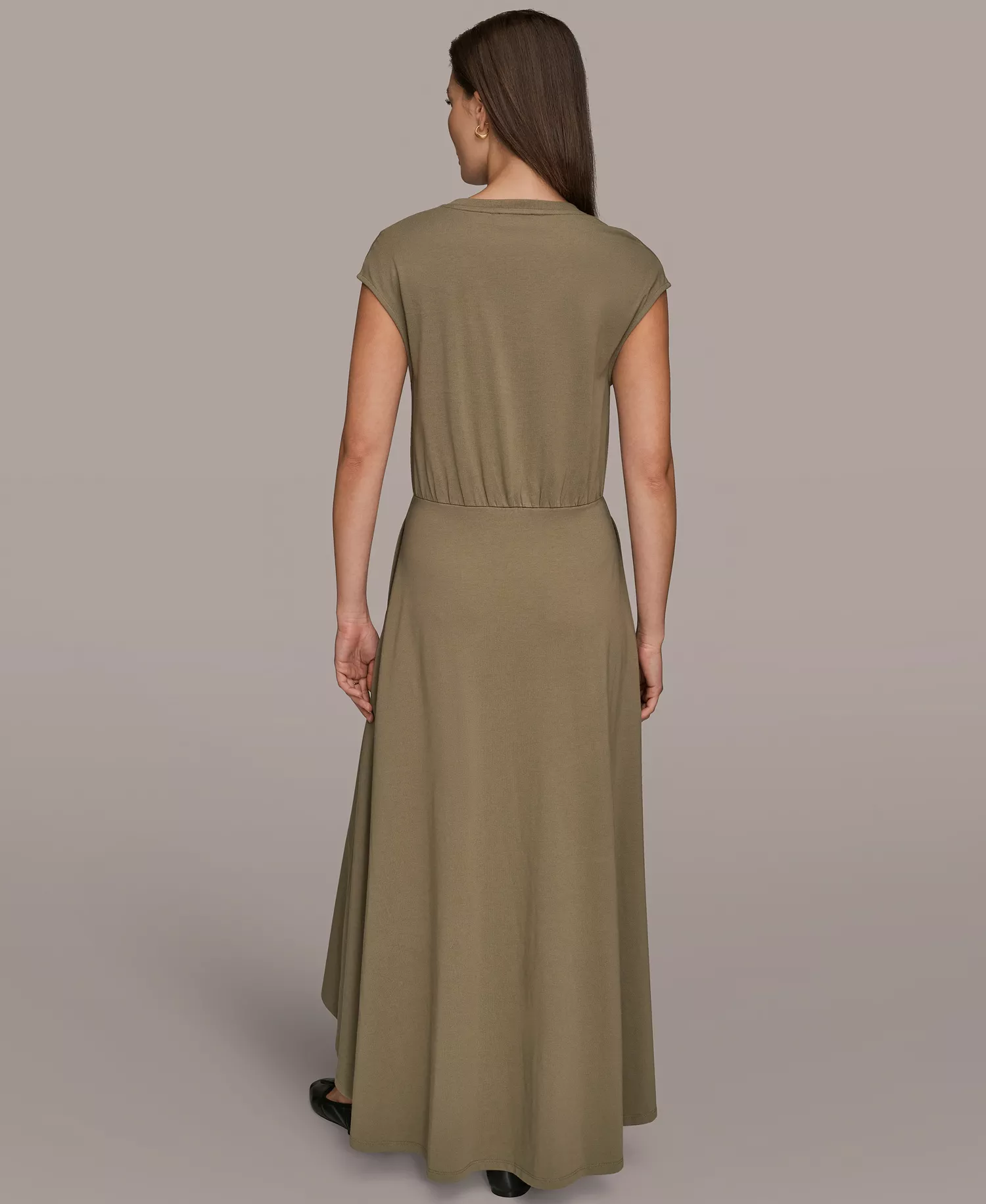 Women's Cotton Jersey Hi Lo Cap Sleeve Crew Neck Dress - Khaki Green - L
