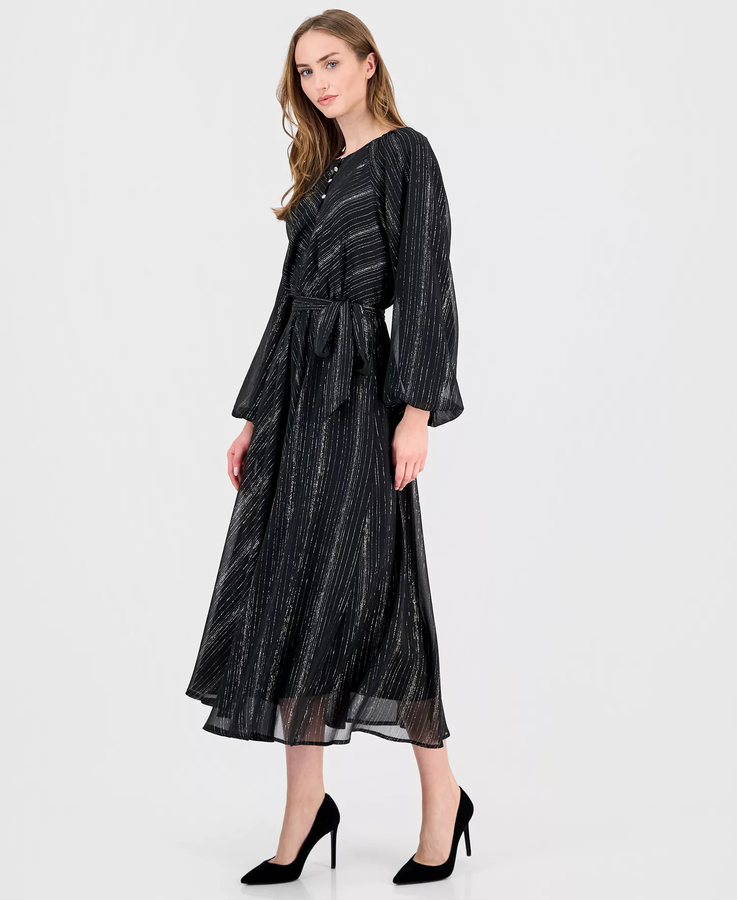 Women's Long-Sleeve Fit & Flare Dress - Black/silver Stripe - 10