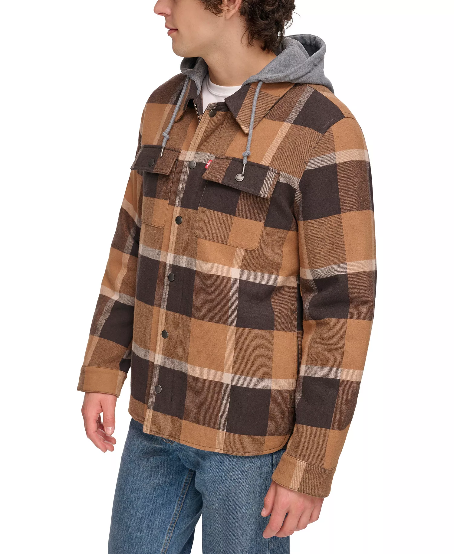 Men's Faux Sherpa Lined Flannel Shirt Jacket - Brown Cafe Plaid - 2XL