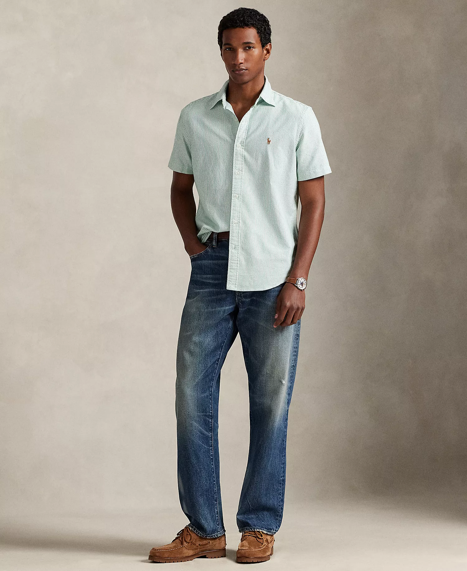 Men's Classic-Fit Striped Oxford Shirt - Hillside Green/White - XS