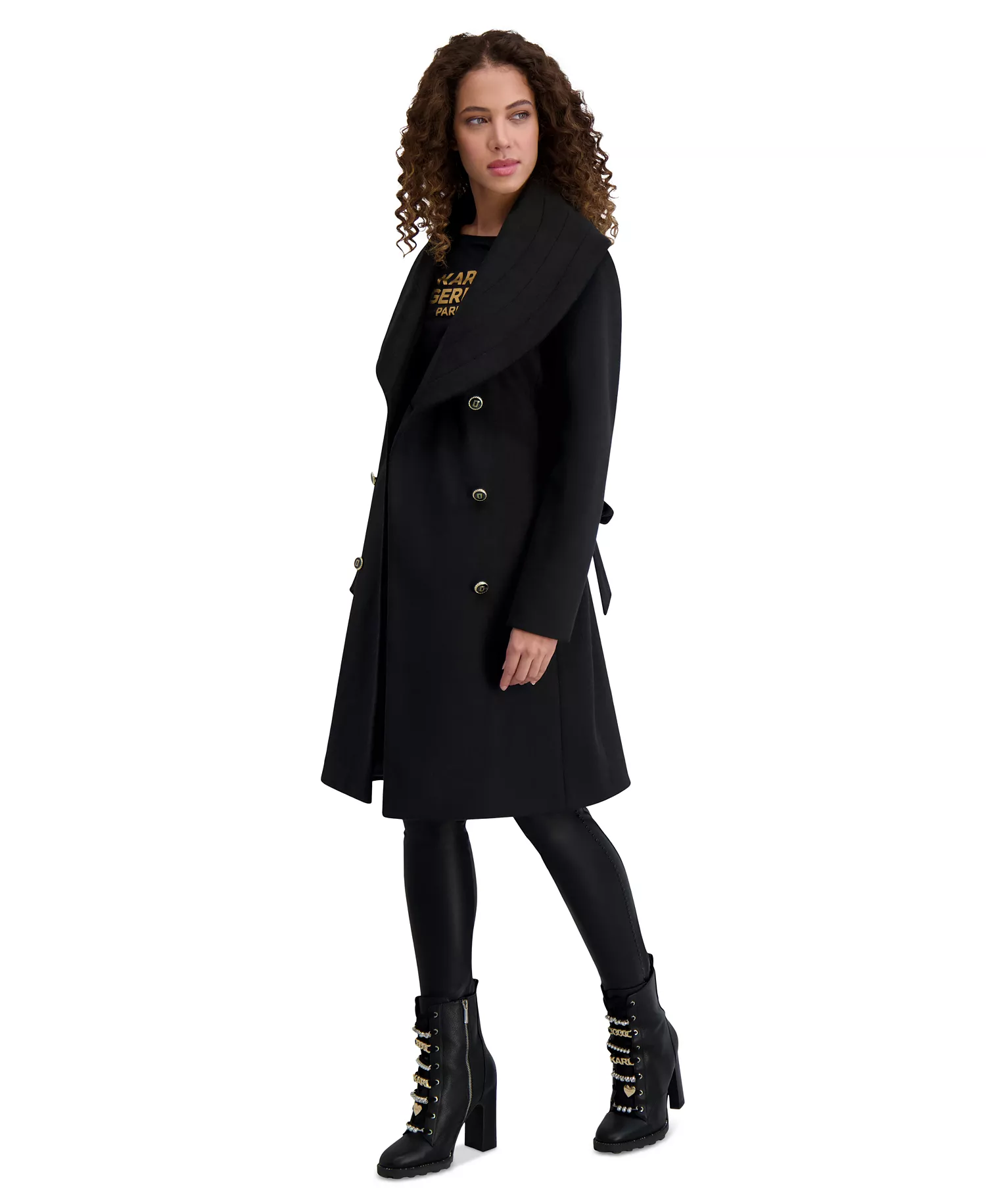 Women's Double-Breasted Belted Coat - Black - L
