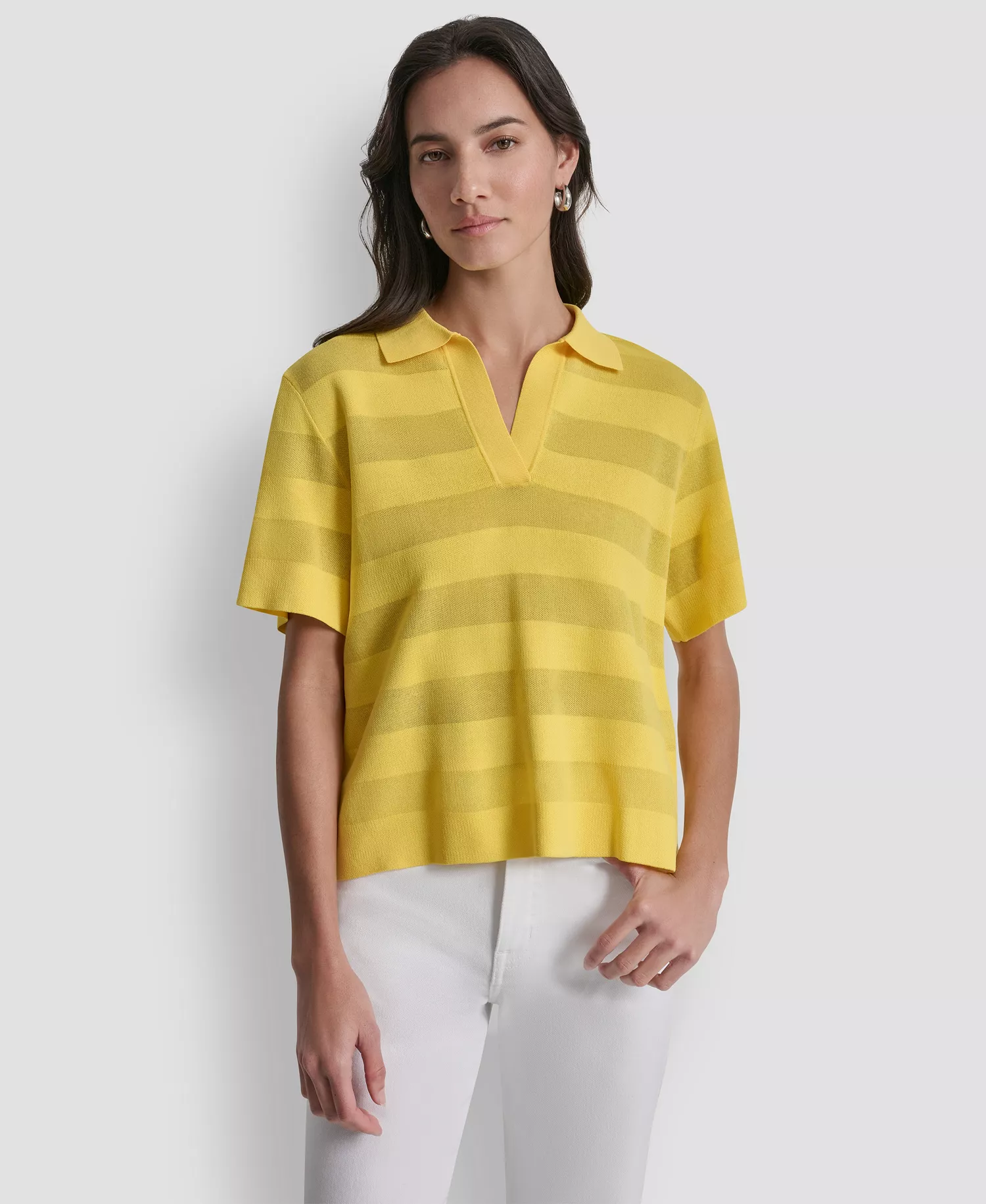 Women's Sheer Striped Collared Short-Sleeve Polo Shirt - Taxi Cab Yellow - L